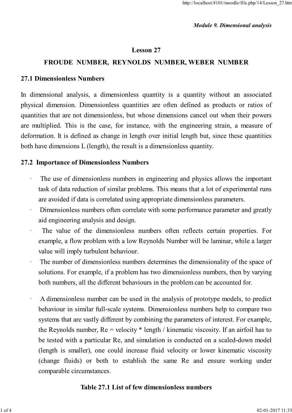 Lesson 27 FROUDE NUMBER, REYNOLDS NUMBER, WEBER NUMBER 27.1 Dimensionless Numbers in Dimensional Analysis, a Dimensionless Q