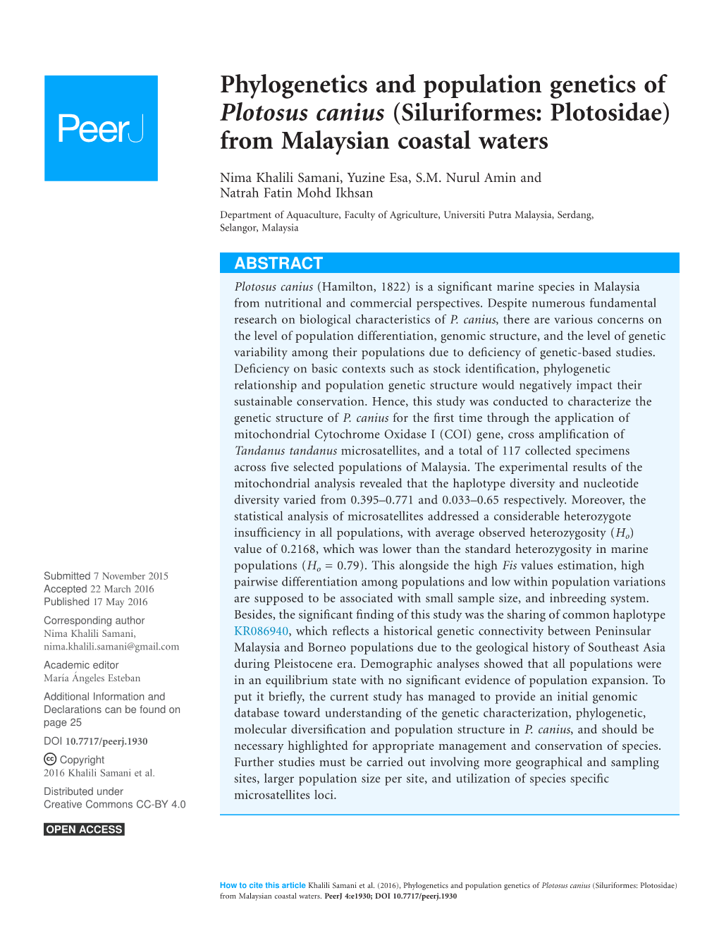 Phylogenetics and Population Genetics of Plotosus Canius (Siluriformes: Plotosidae) from Malaysian Coastal Waters