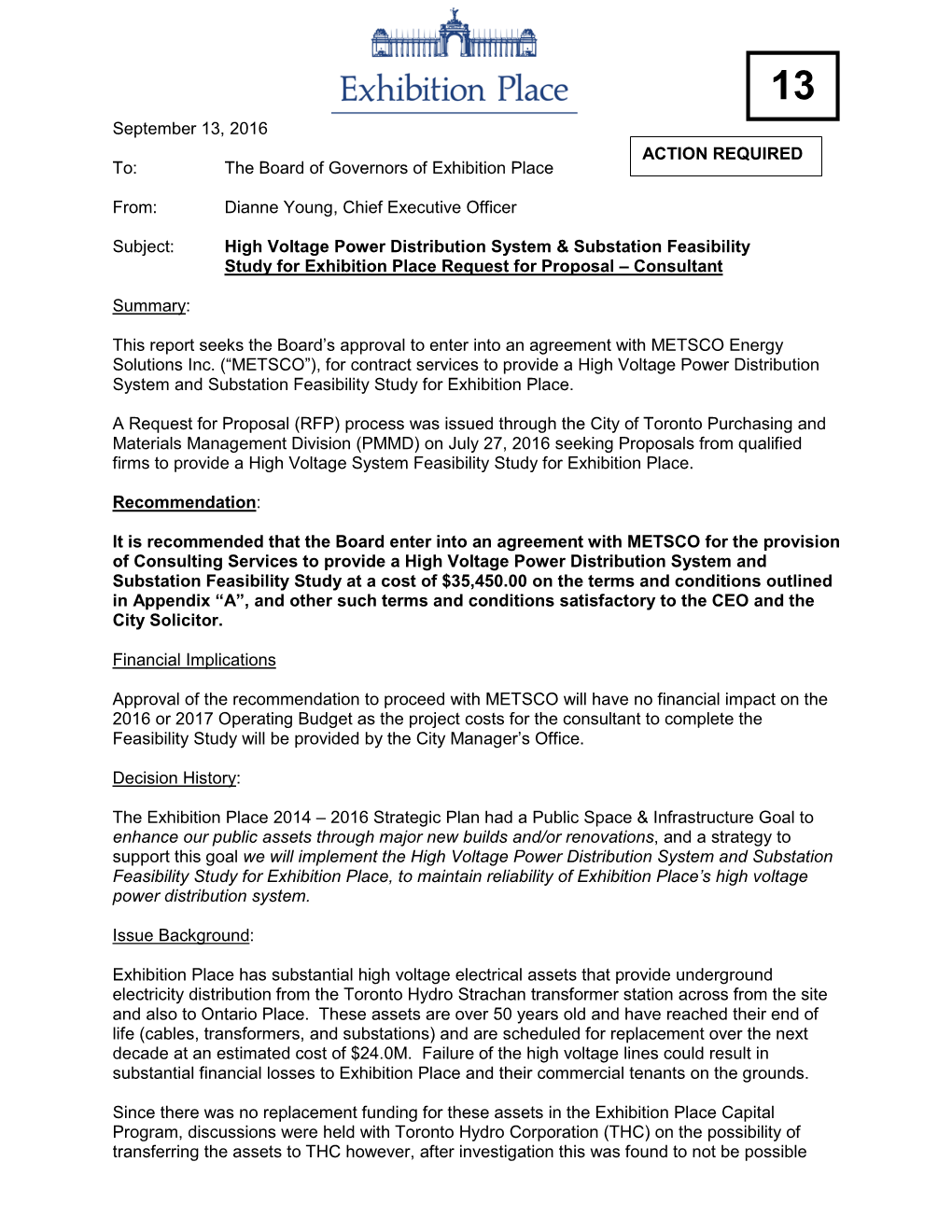 High Voltage Power Distribution System & Substation Feasibility Study for Exhibition Place Request for Proposal – Consultant