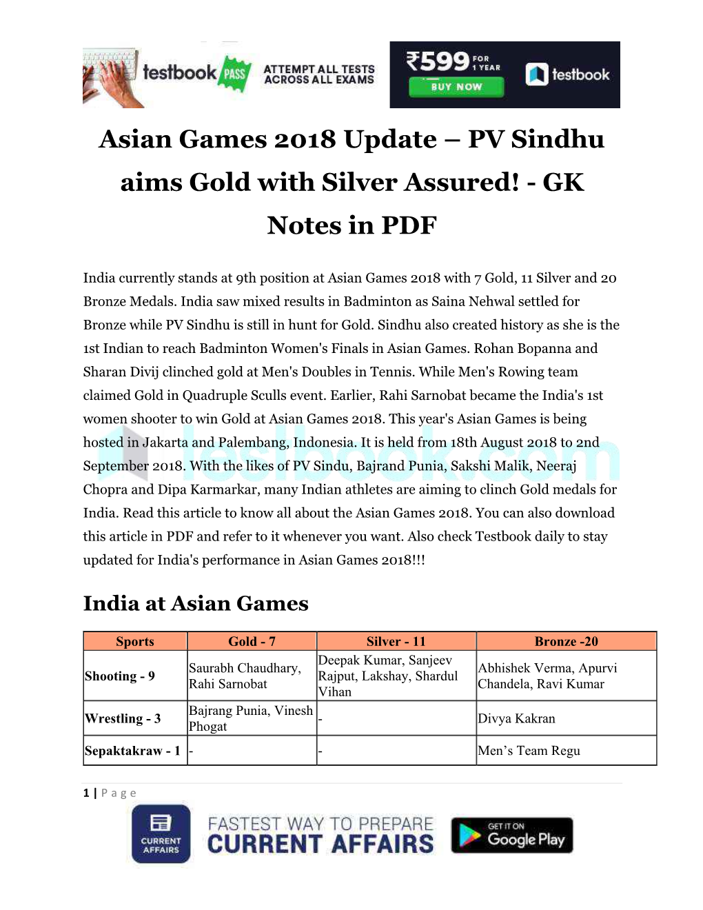 Asian Games 2018 Update – PV Sindhu Aims Gold with Silver Assured! - GK Notes in PDF