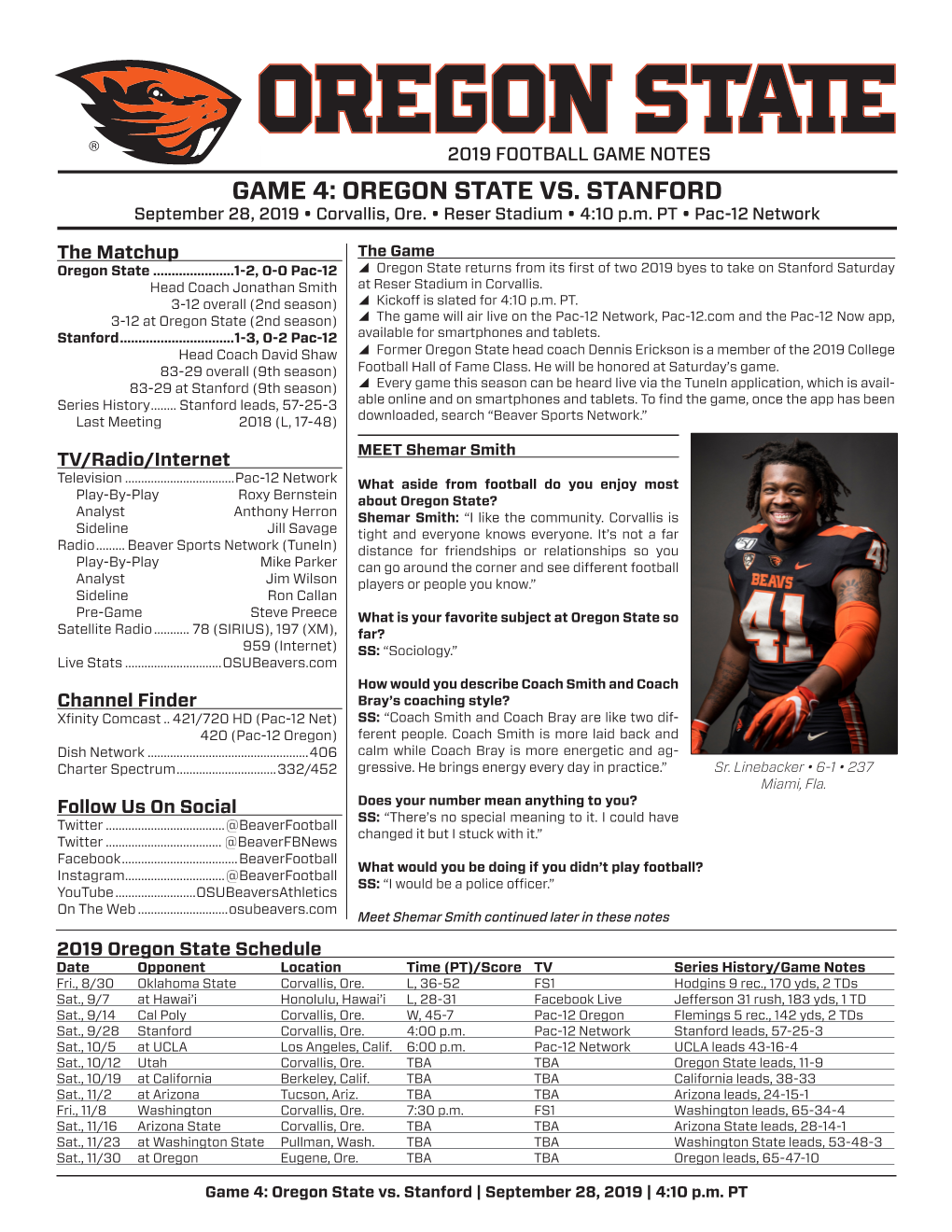 GAME 4: OREGON STATE VS. STANFORD September 28, 2019 • Corvallis, Ore