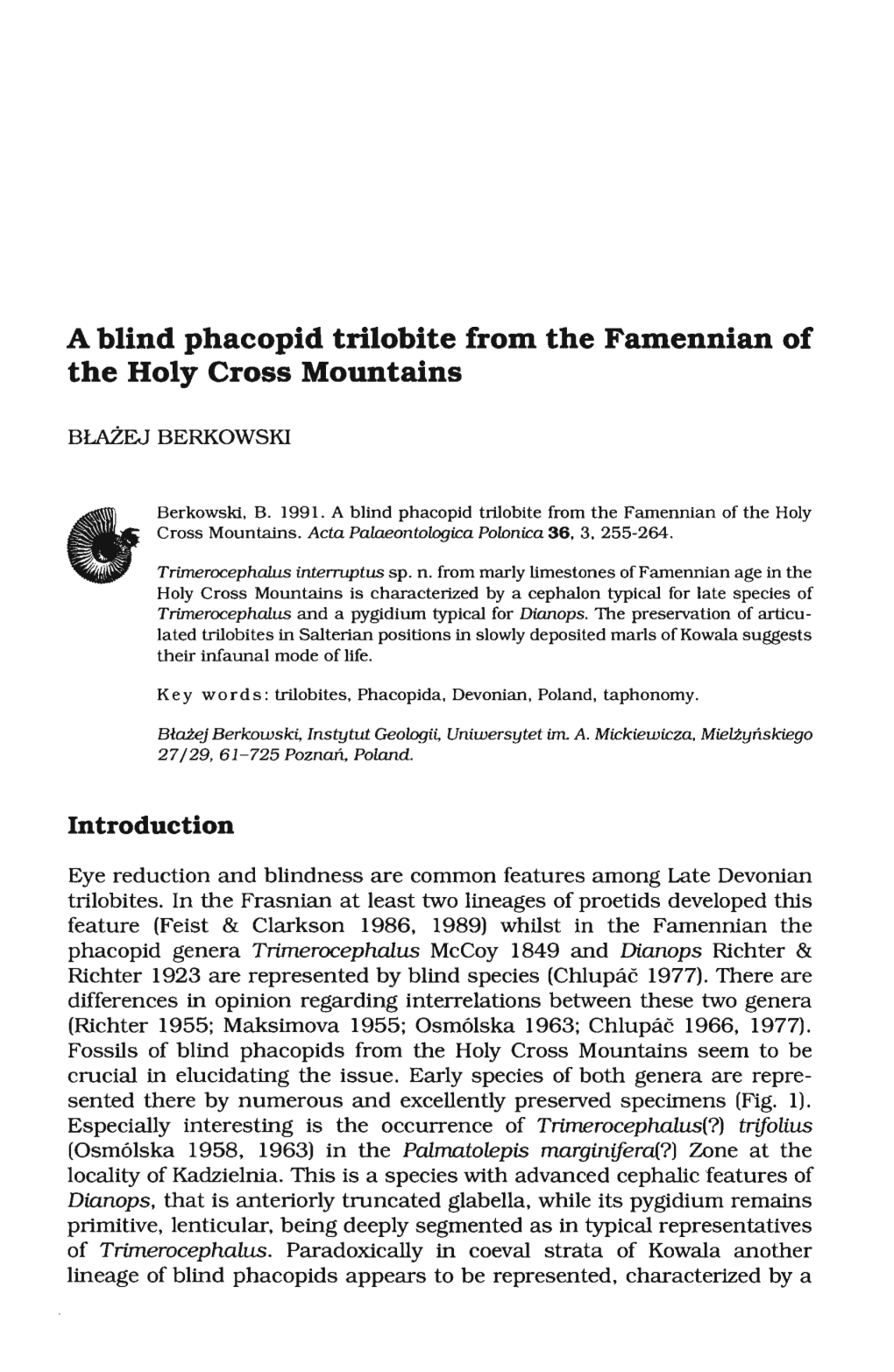 A Blind Phacopid Trilobite from the Famennian of the Holy Cross Mountains