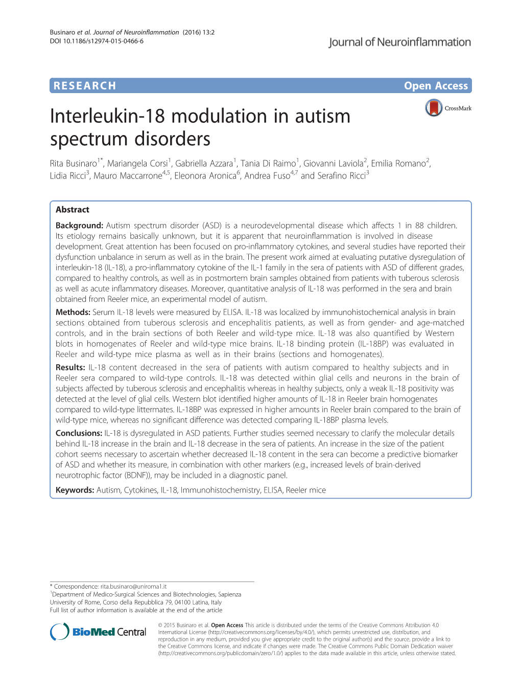 Interleukin-18 Modulation in Autism Spectrum Disorders