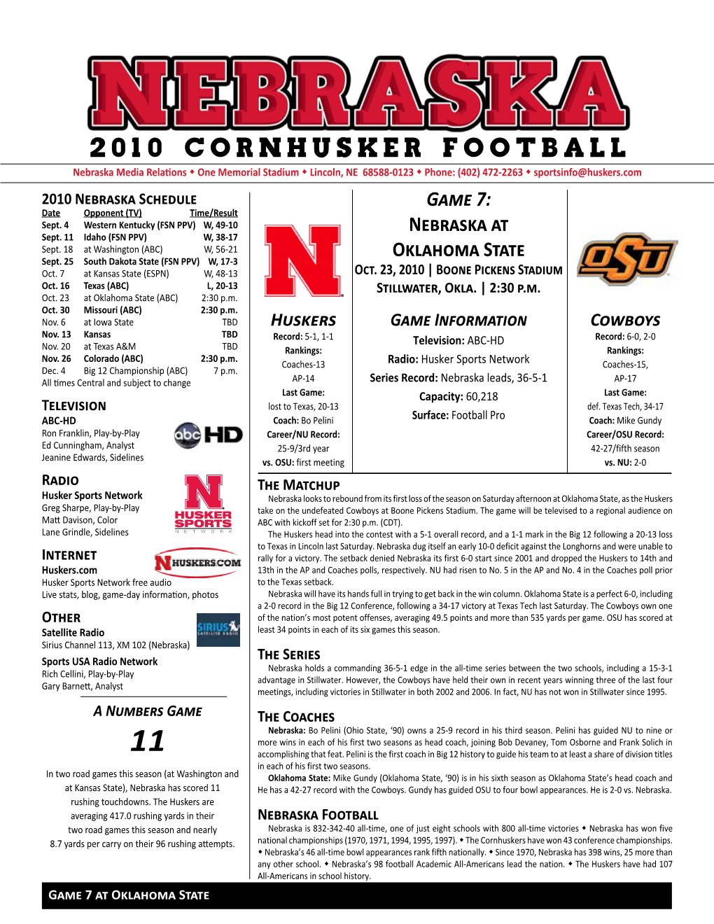 Game Notes 2010 Nebraska Football Huskers.Com Noting Pelini Nebraska Head Coach Bo Pelini Born: Dec