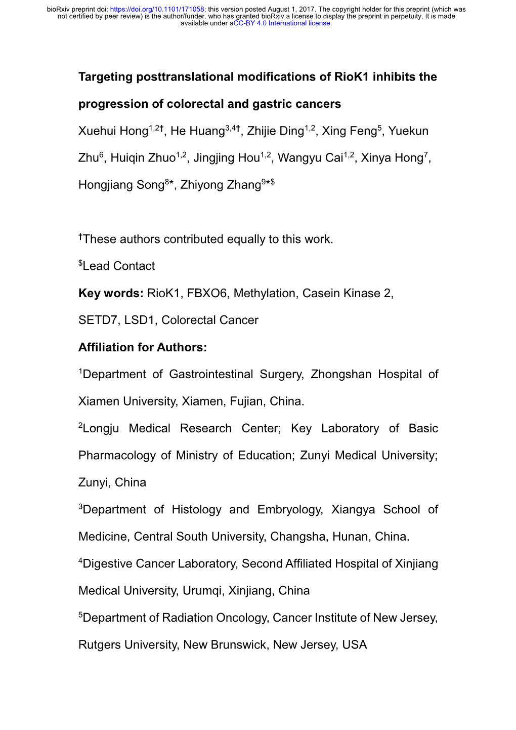 Targeting Posttranslational Modifications of Riok1 Inhibits The