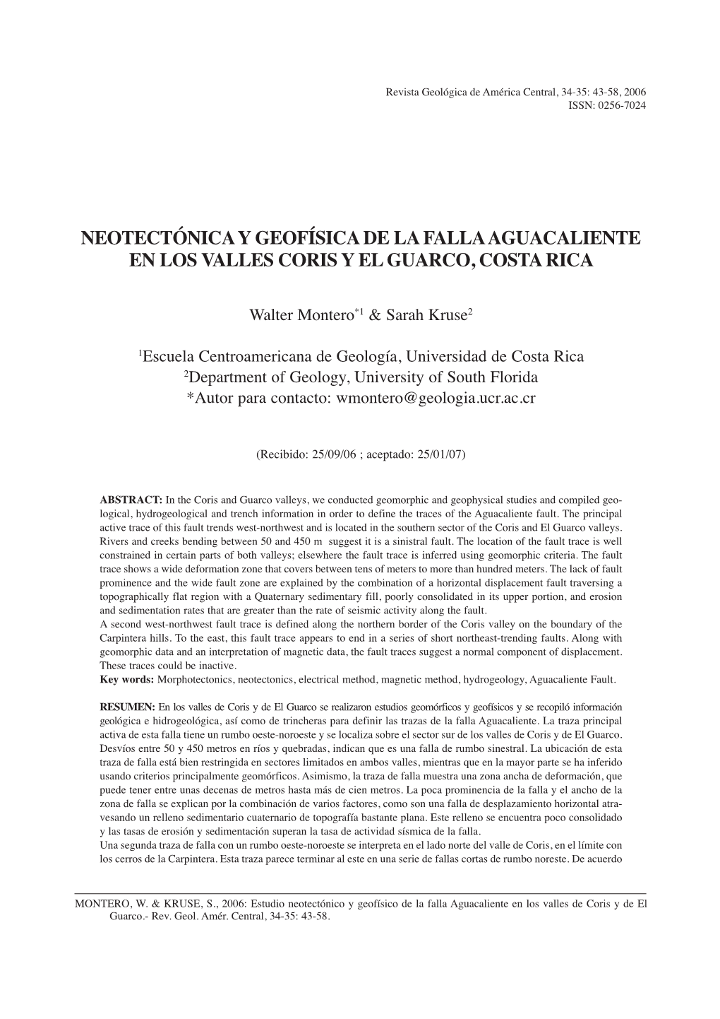 NEOTECTÓNICA Y GEOFÍSICA DE LA FALLA AGUACALIENTE EN LOS VALLES CORIS Y El GUARCO, COSTA RICA