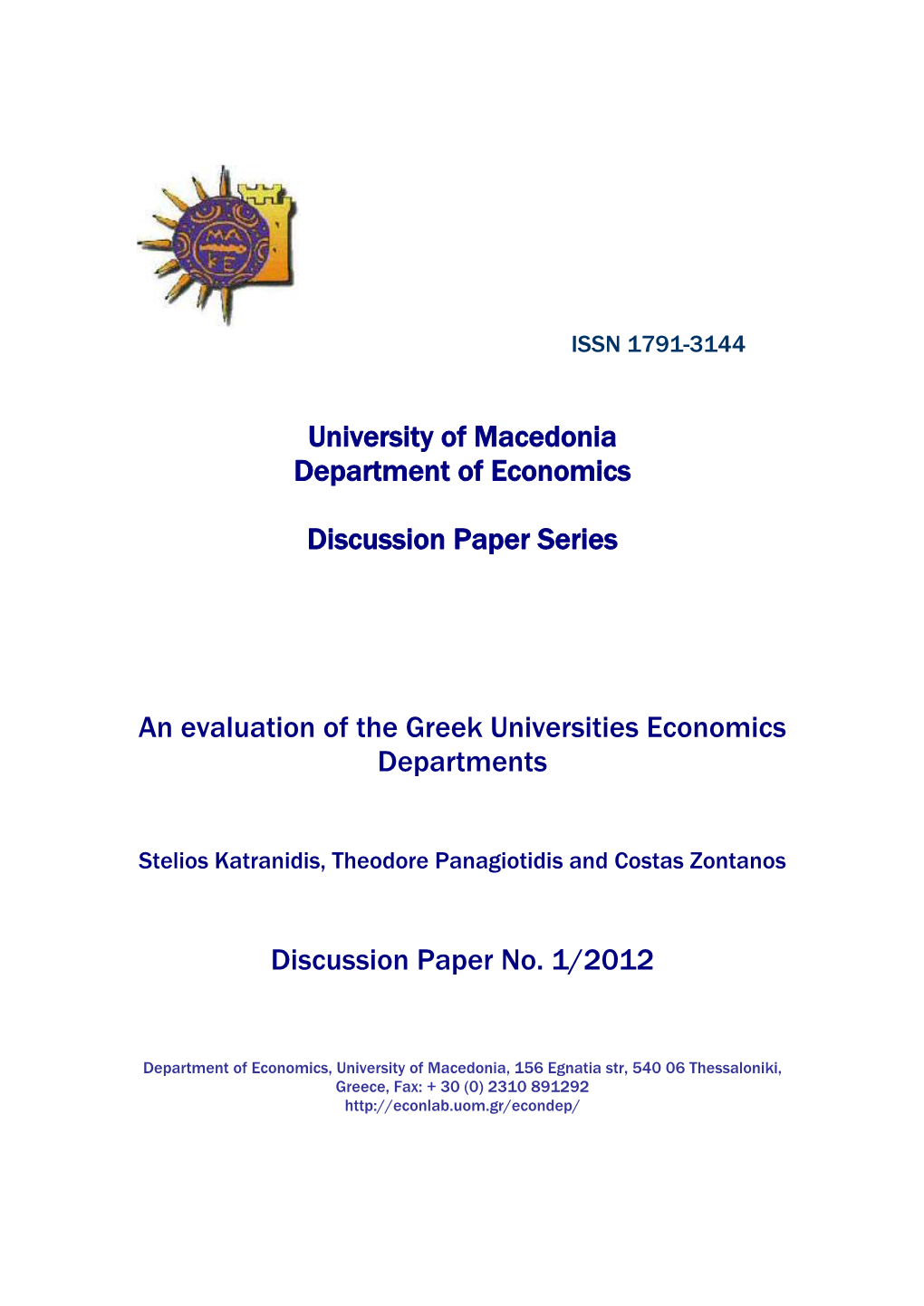 University of Macedonia Department of Economics Discussion Paper
