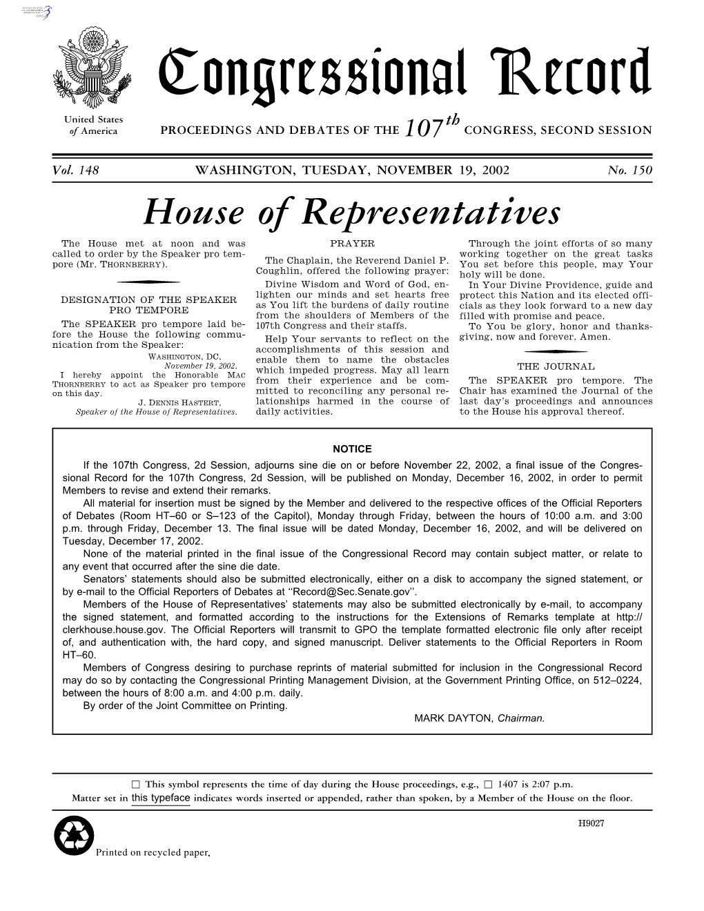 Congressional Record United States Th of America PROCEEDINGS and DEBATES of the 107 CONGRESS, SECOND SESSION