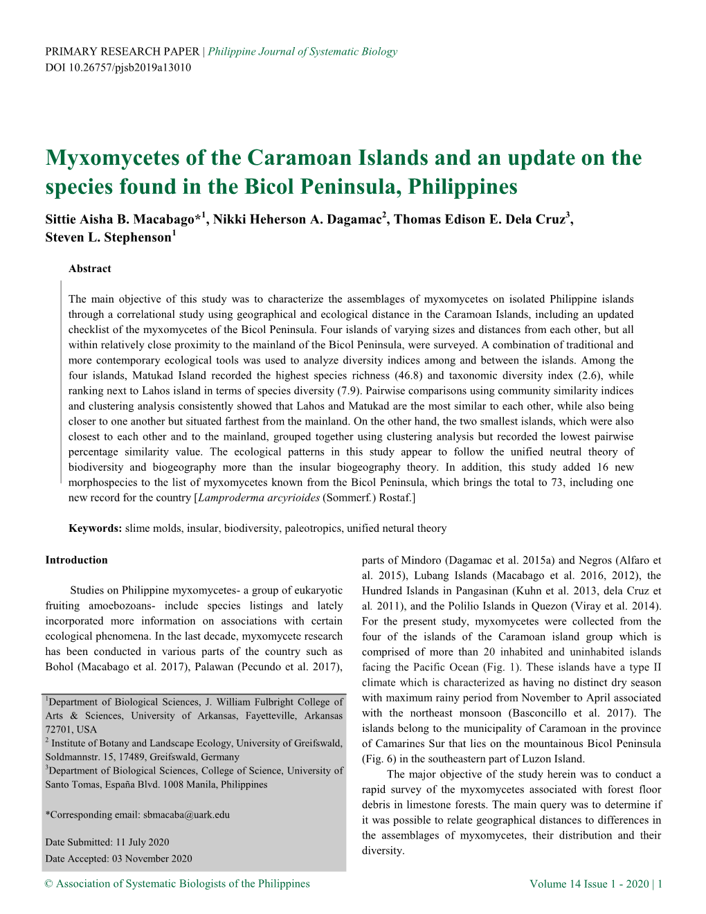Myxomycetes of the Caramoan Islands and an Update on the Species Found in the Bicol Peninsula, Philippines