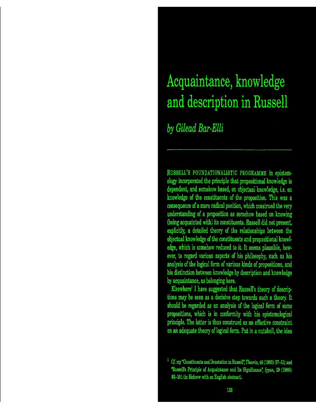 Acquaintance, Knowledge and Description in Russell by 'Gilead Bar-Elli
