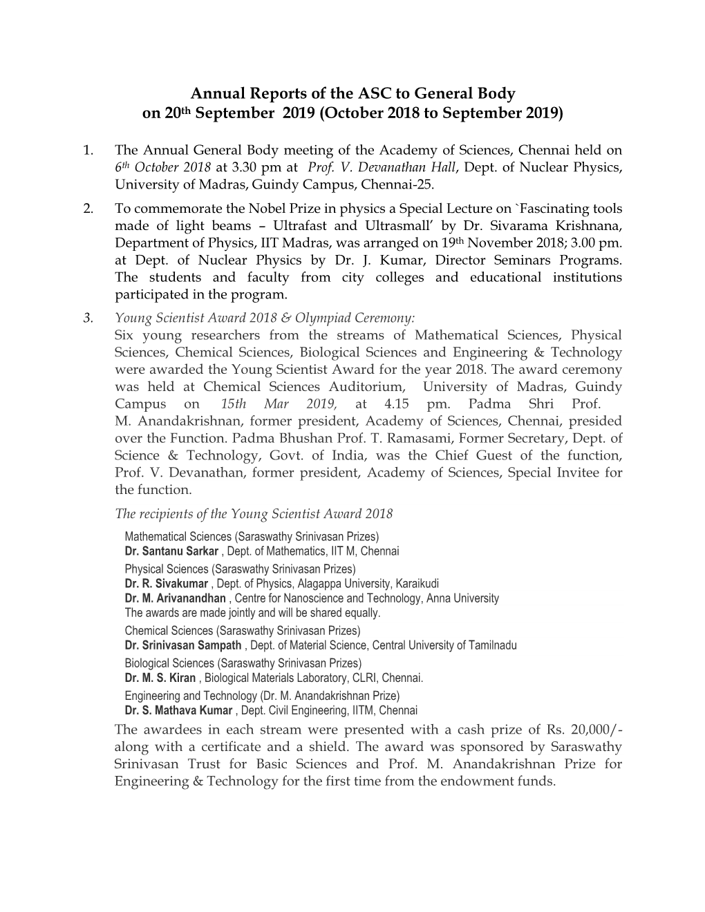 Annual Reports of the ASC to General Body on 20Th September 2019 (October 2018 to September 2019)