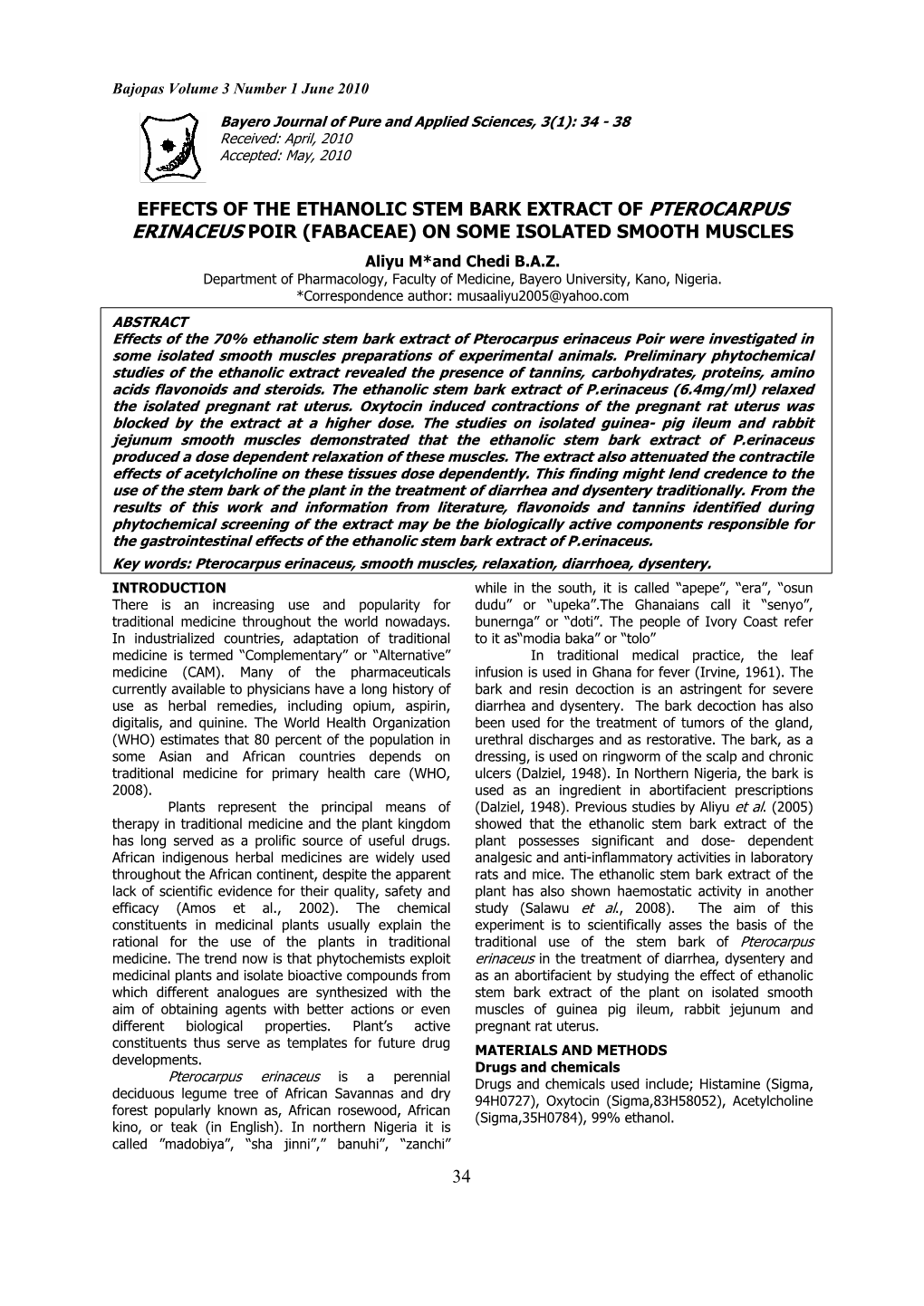 Effects of the Ethanolic Stem Bark Extract of Pterocarpus Erinaceus Poir (Fabaceae) on Some Isolated Smooth Muscles