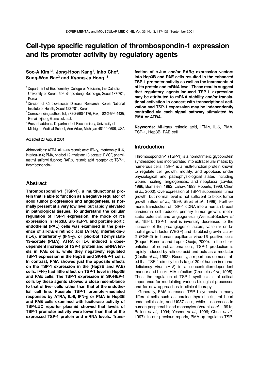 Cell-Type Specific Regulation of Thrombospondin-1 Expression and Its Promoter Activity by Regulatory Agents