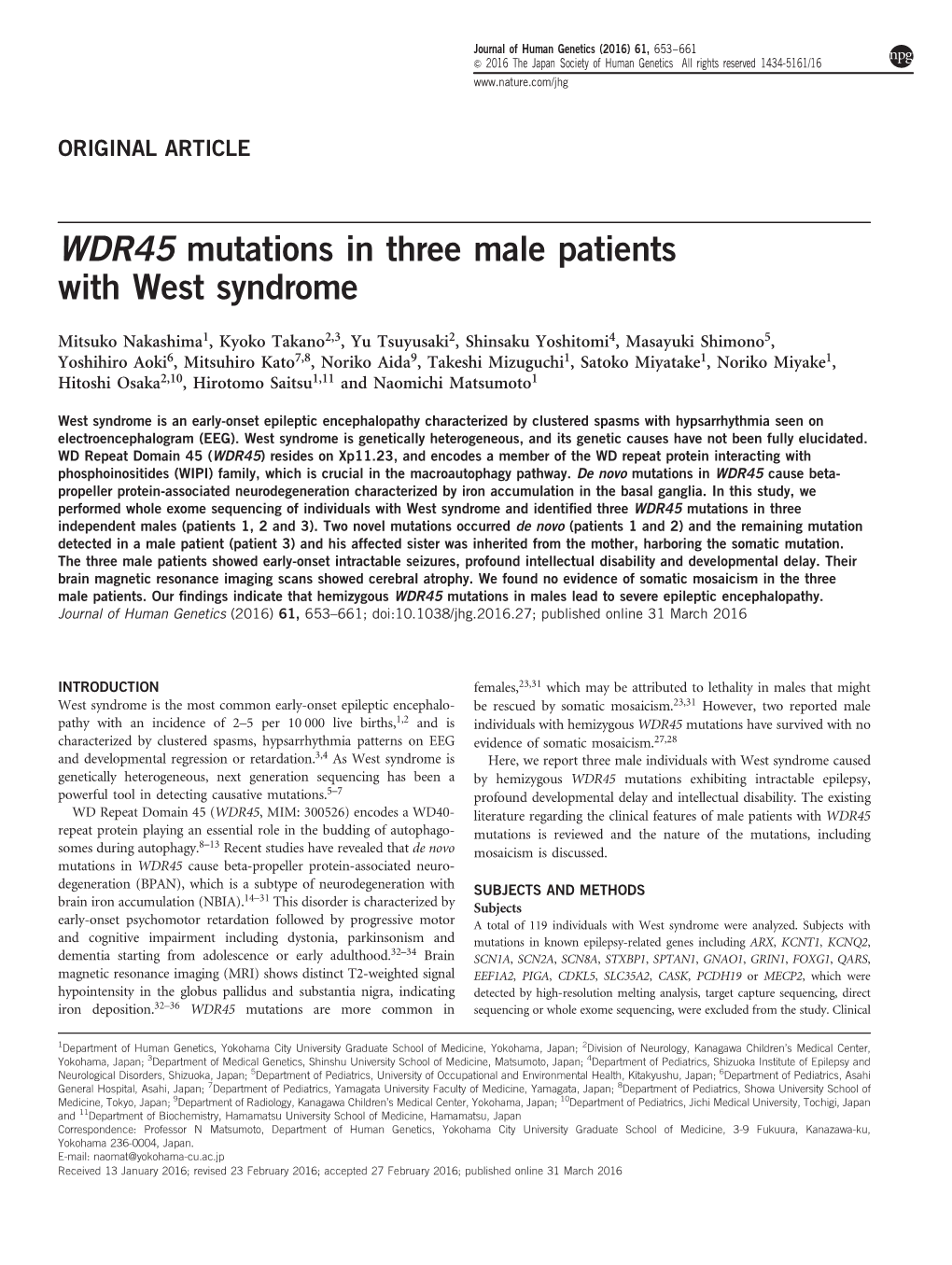 WDR45 Mutations in Three Male Patients with West Syndrome
