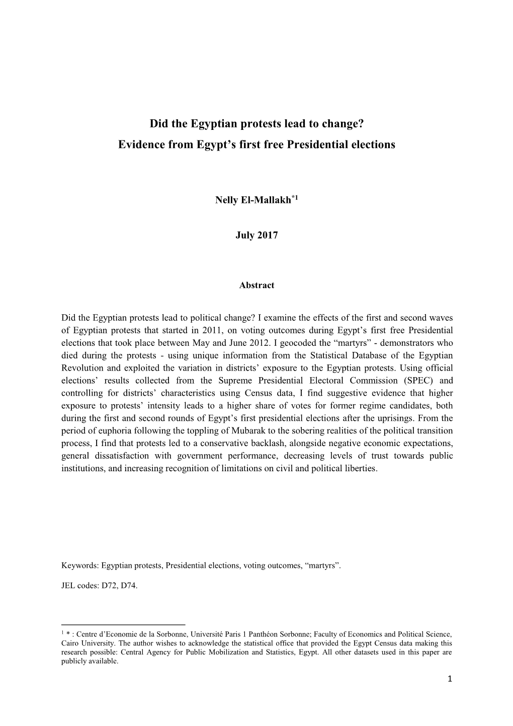 Did the Egyptian Protests Lead to Change? Evidence from Egypt's First