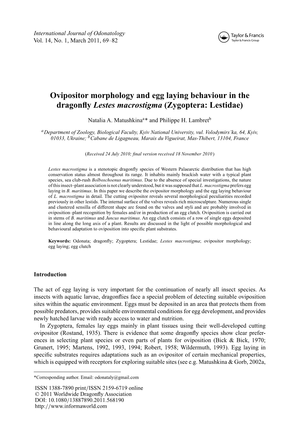 Ovipositor Morphology and Egg Laying Behaviour in the Dragonfly Lestes