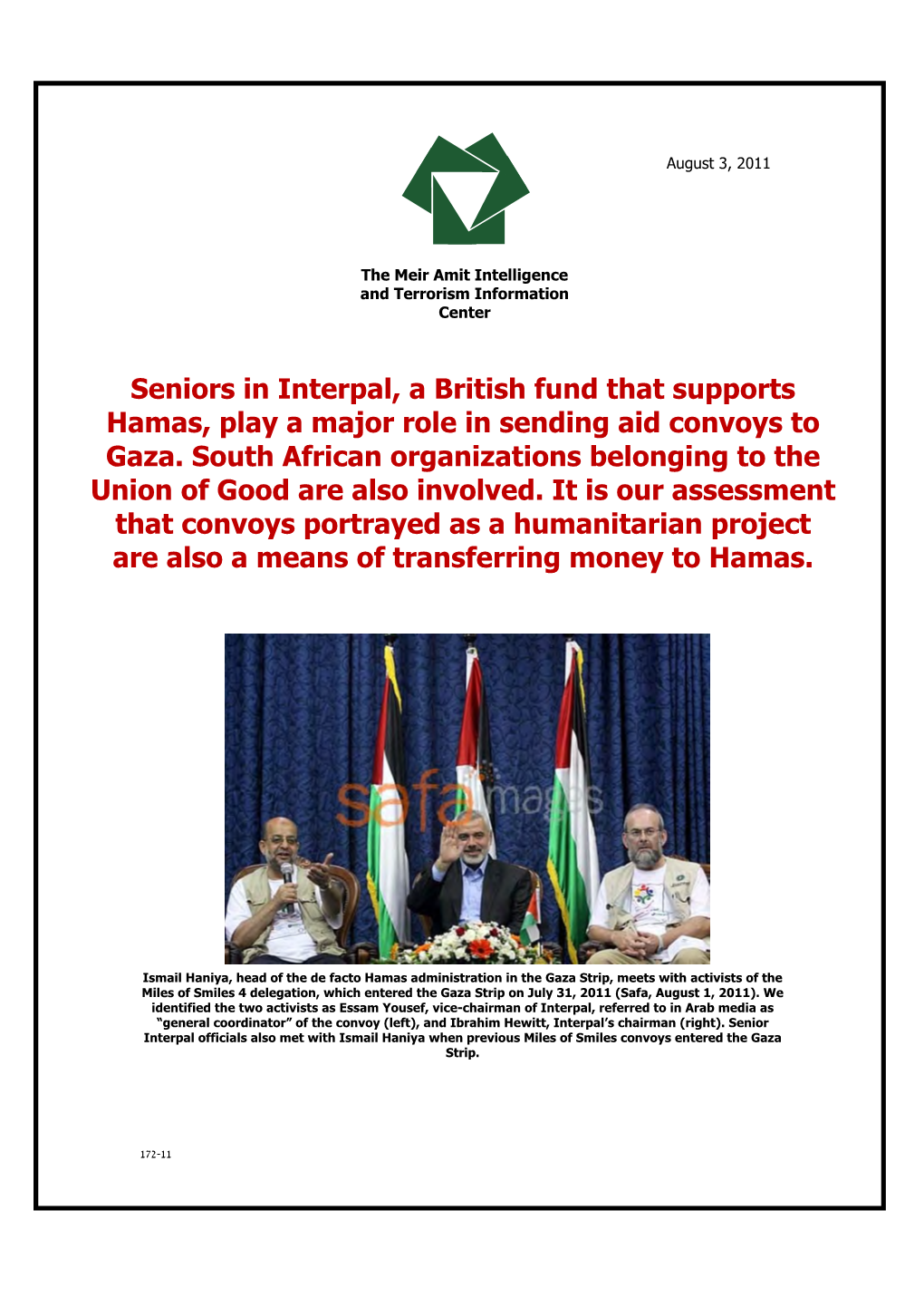 Seniors in Interpal, a British Fund That Supports Hamas, Play a Major Role in Sending Aid Convoys to Gaza