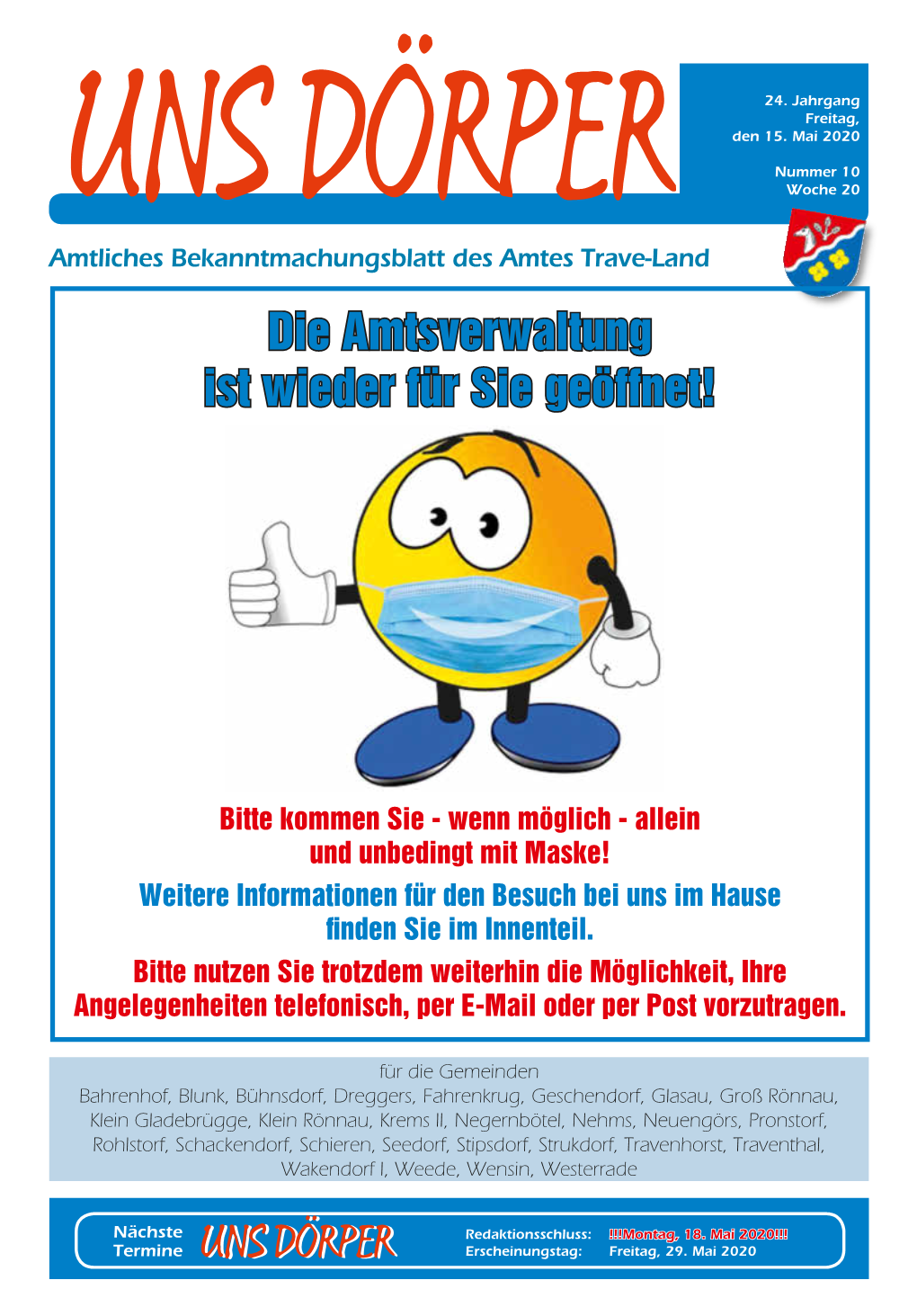 UNS DÖRPER Woche 20 Amtliches Bekanntmachungsblatt Des Amtes Trave-Land Die Amtsverwaltung Ist Wieder Für Sie Geöffnet!