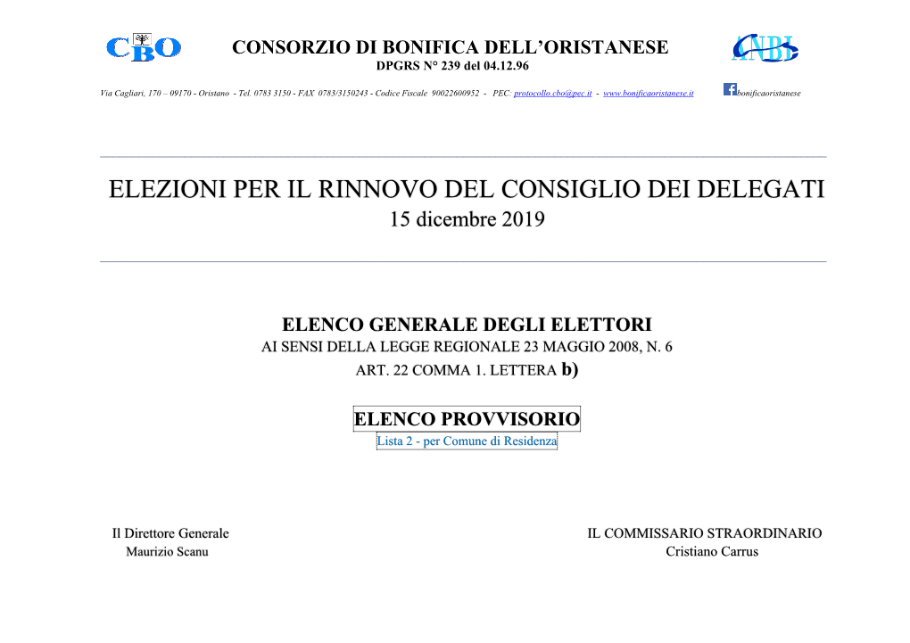 ELEZIONI PER IL RINNOVO DEL CONSIGLIO DEI DELEGATI 15 Dicembre 2019