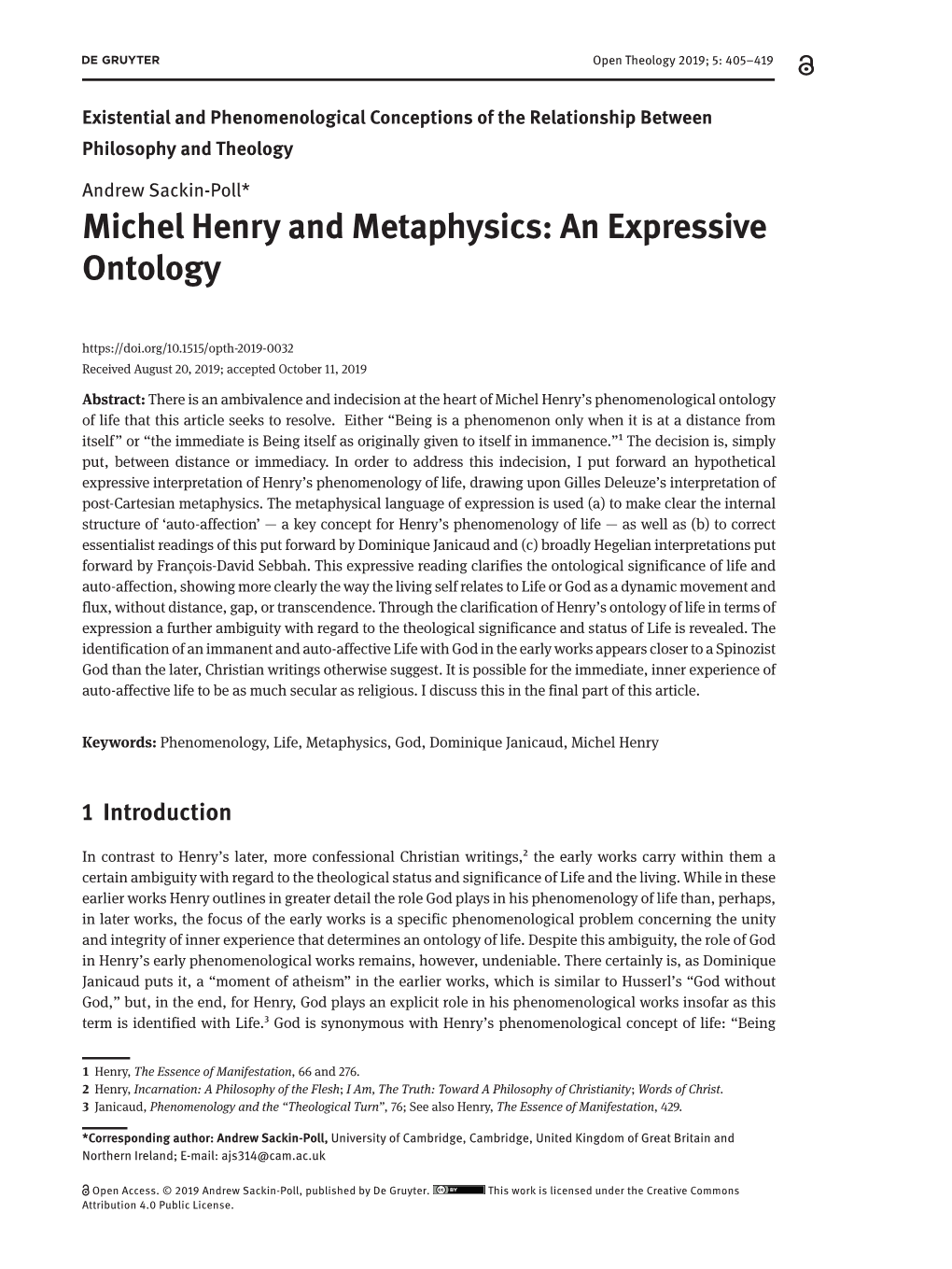 Michel Henry and Metaphysics: an Expressive Ontology