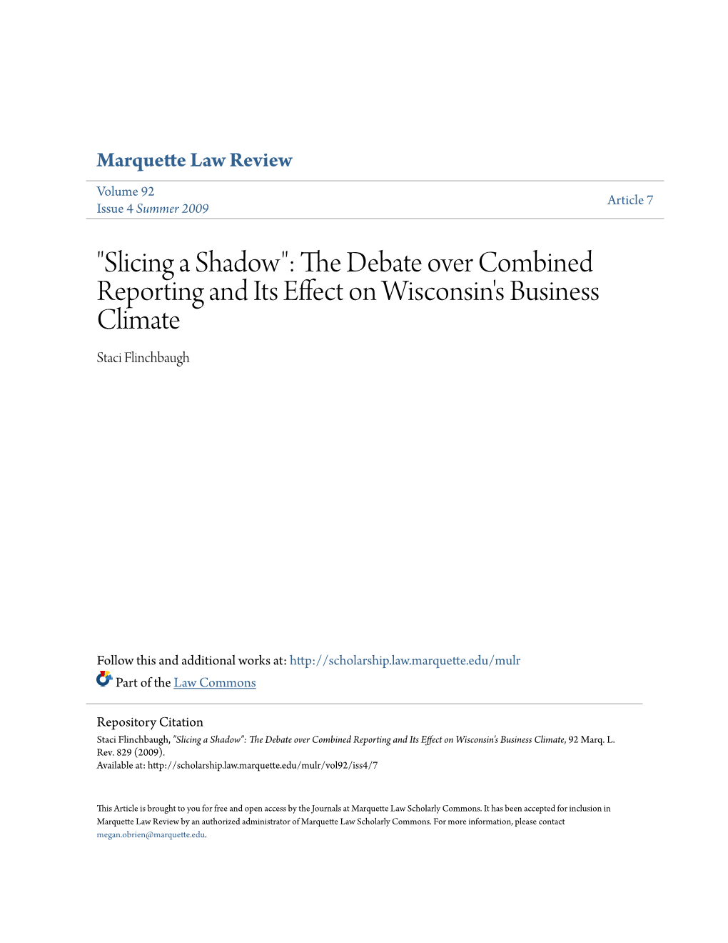 Slicing a Shadow": the Ed Bate Over Combined Reporting and Its Effect on Wisconsin's Business Climate Staci Flinchbaugh