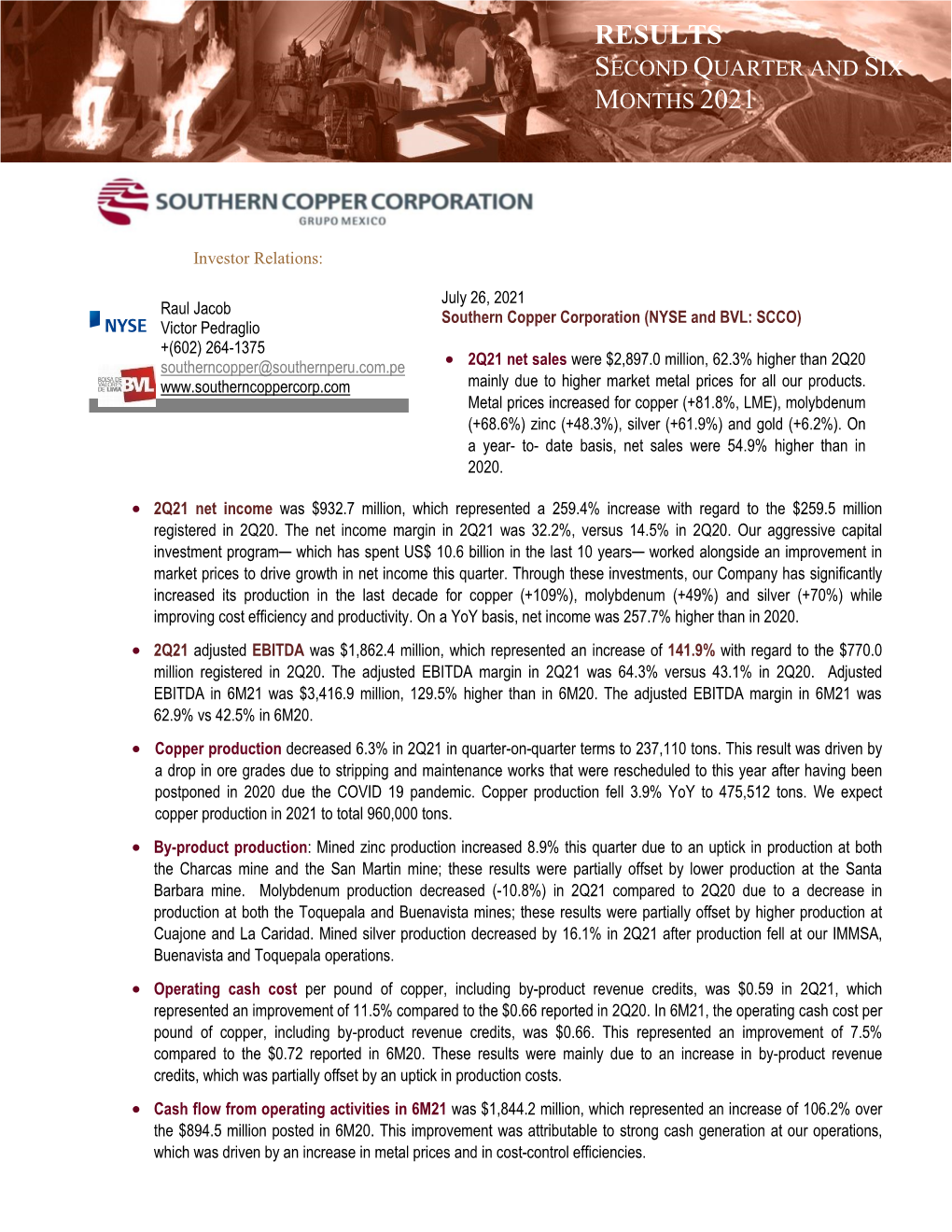 26.07.21 SCC Reports 2Q21 Results