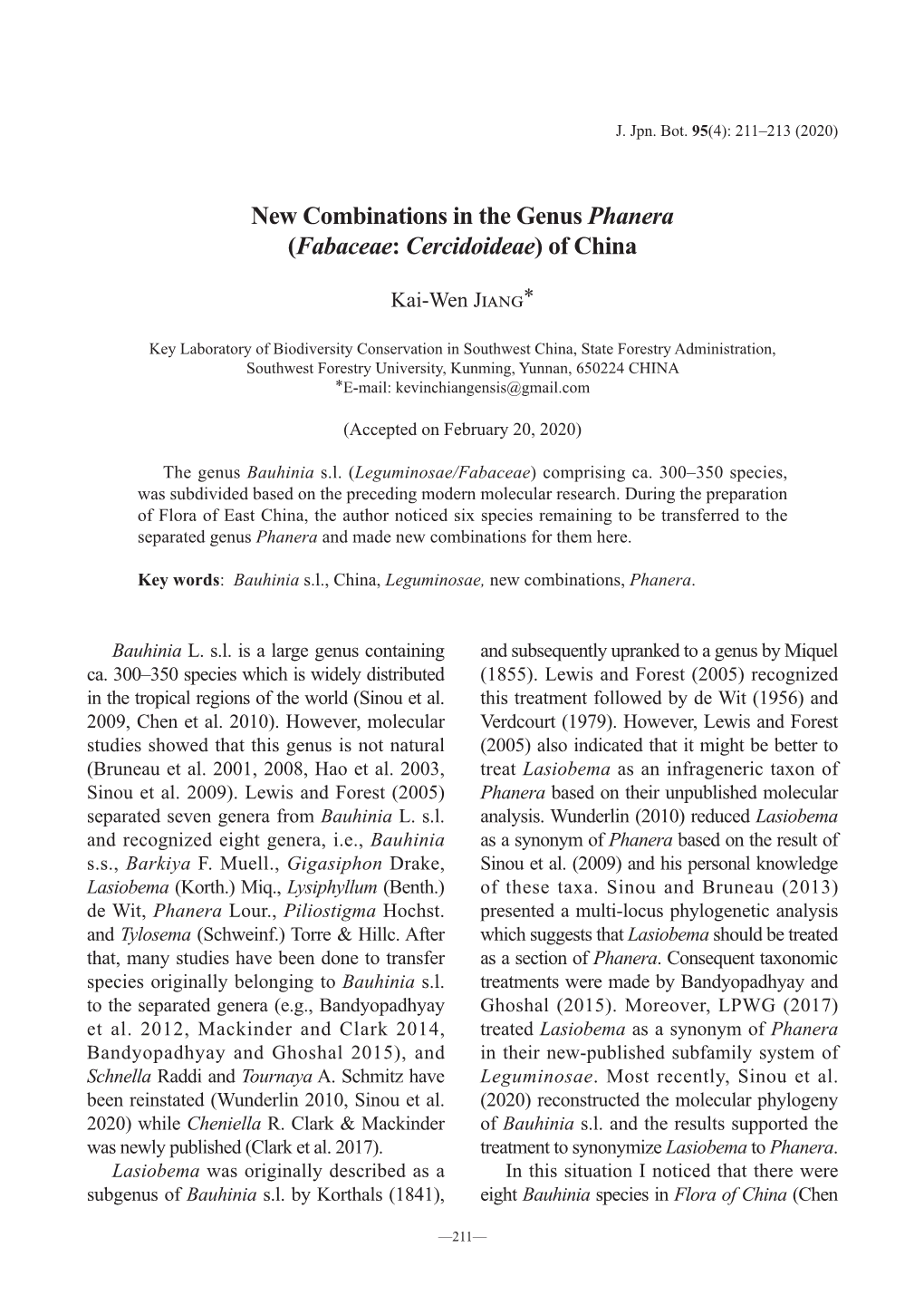 New Combinations in the Genus Phanera (Fabaceae: Cercidoideae) of China