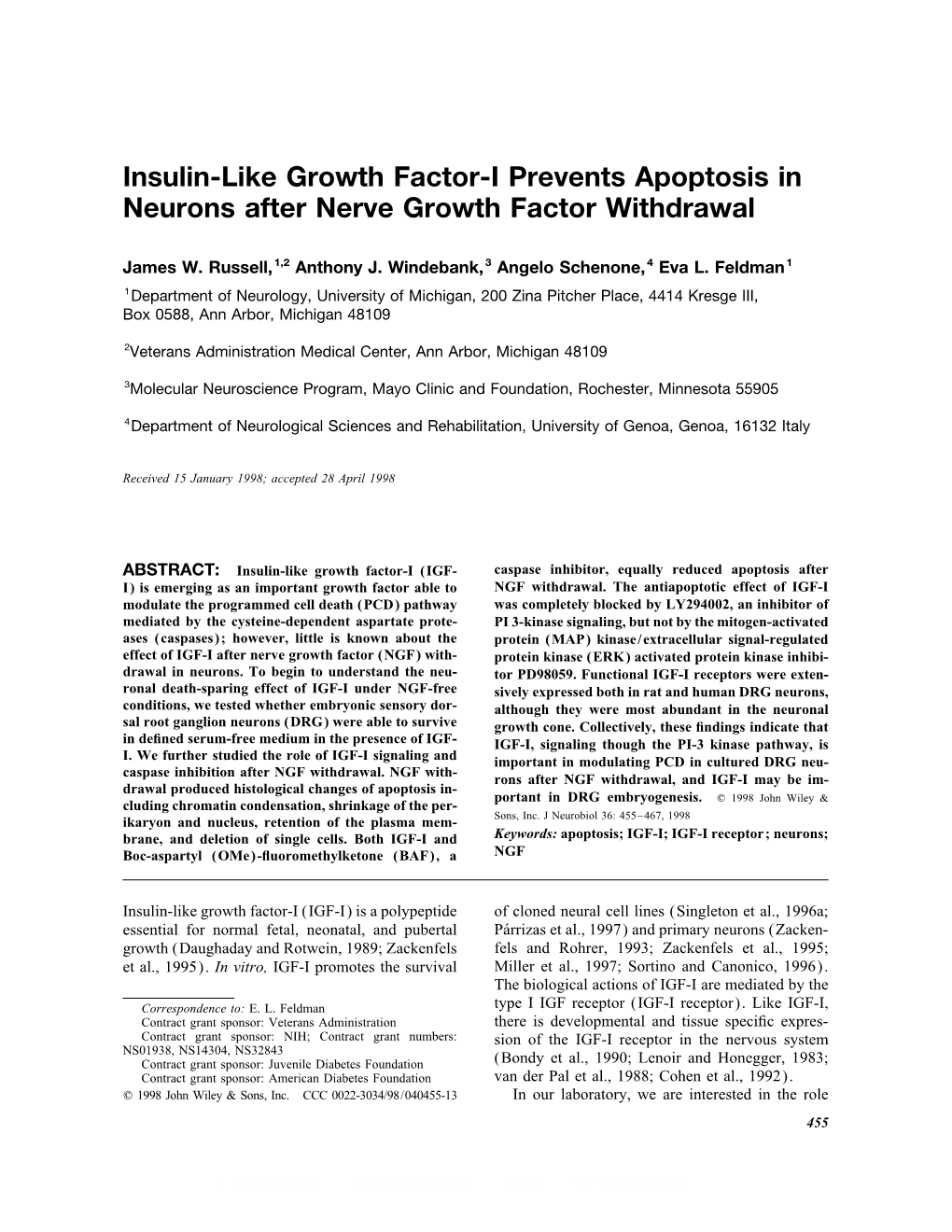 Insulin-Like Growth Factor-I Prevents Apoptosis in Neurons After Nerve Growth Factor Withdrawal