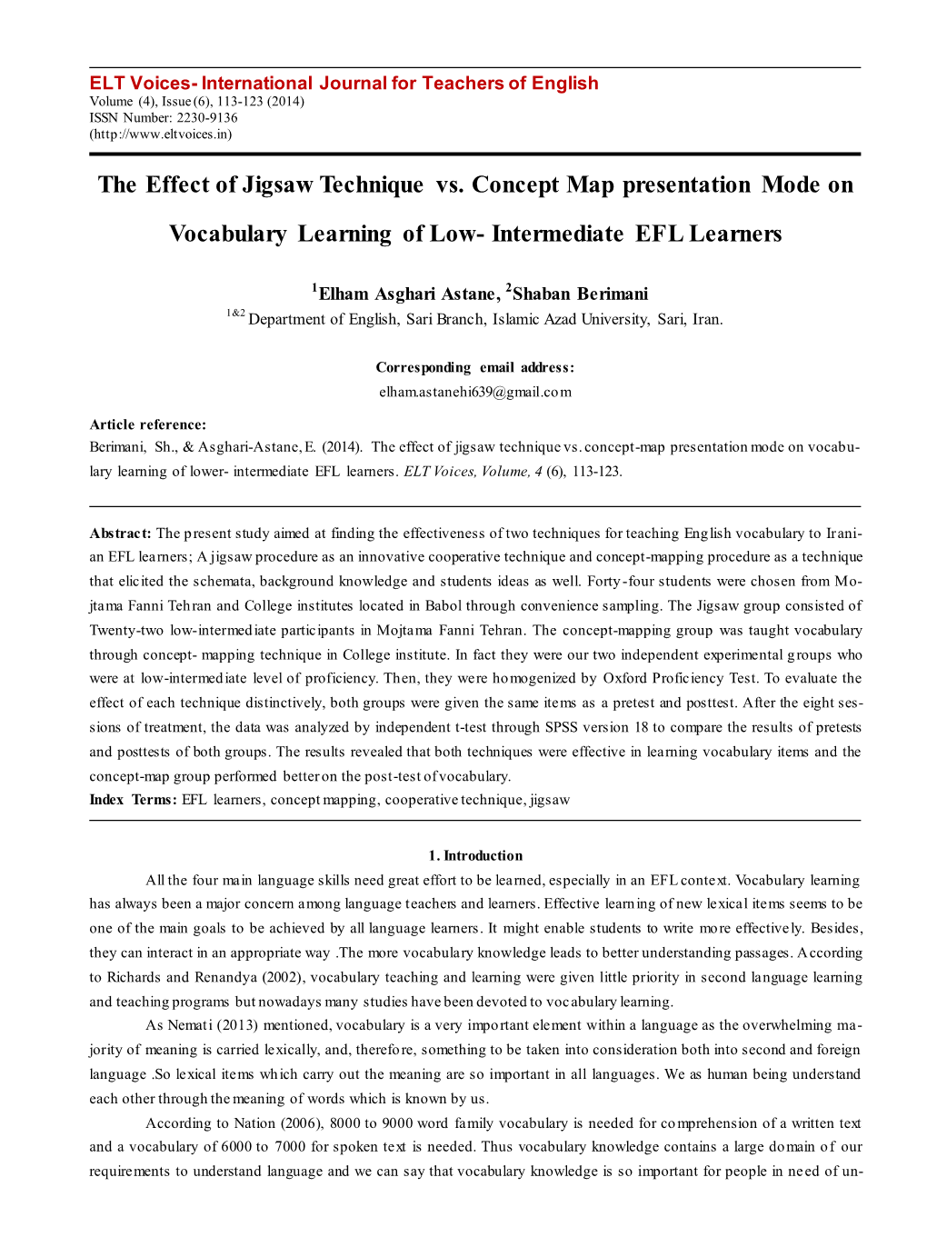 The Effect of Jigsaw Technique Vs. Concept Map Presentation Mode on Vocabulary Learning of Low- Intermediate EFL Learners