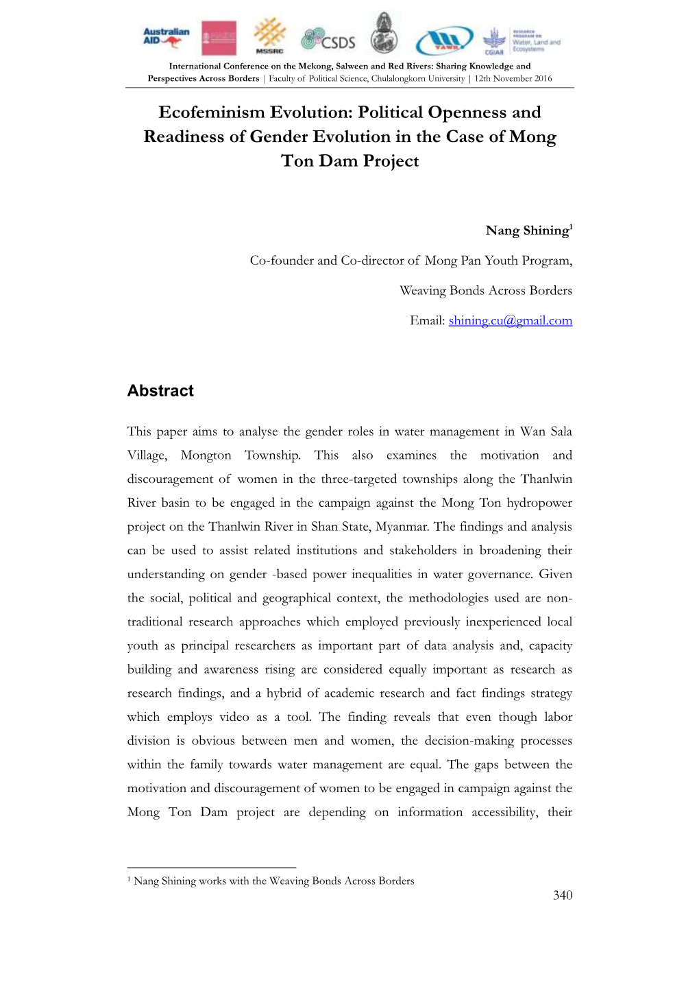 Political Openness and Readiness of Gender Evolution in the Case of Mong Ton Dam Project