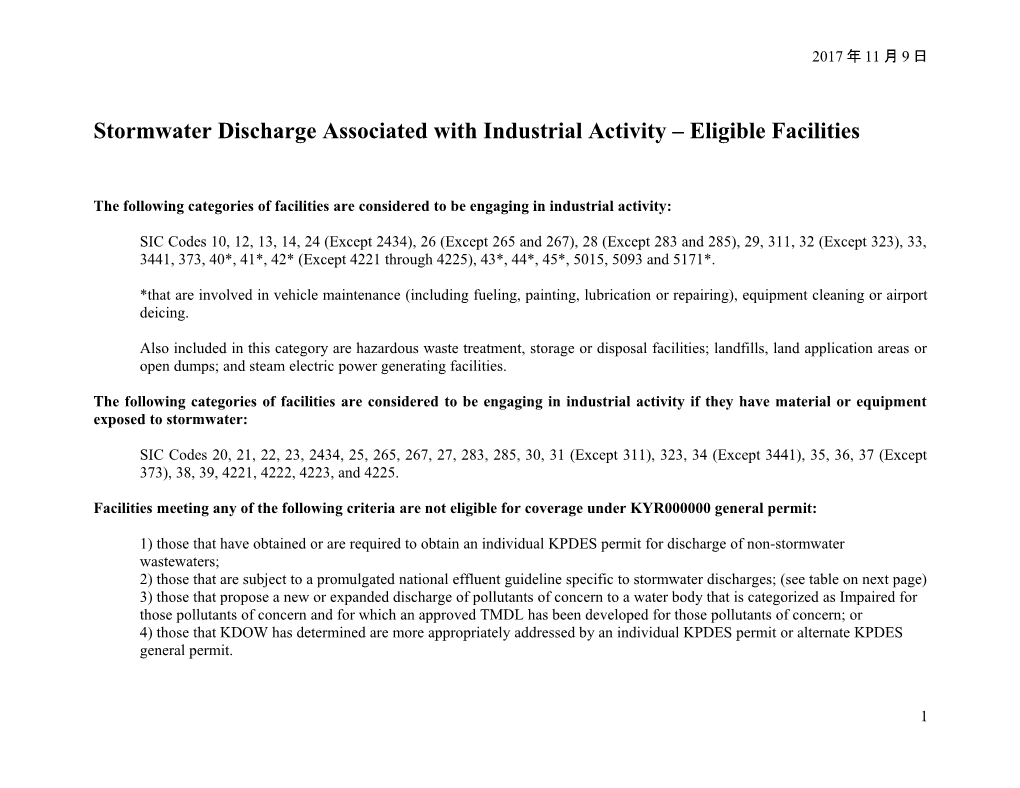 Stormwater Discharge Associated With Industrial Activity - Eligible Facilities