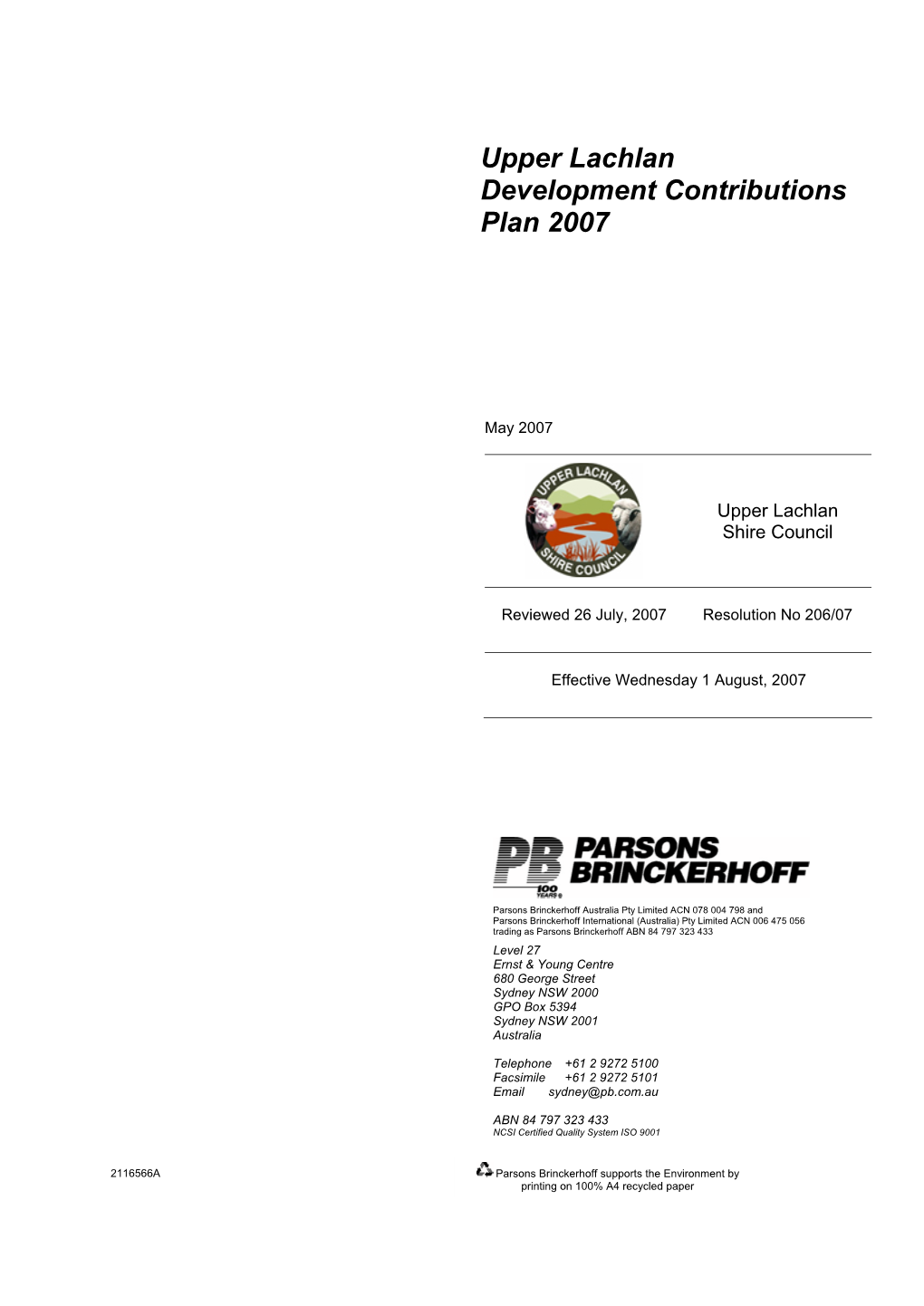 Upper Lachlan Development Contributions Plan 2007