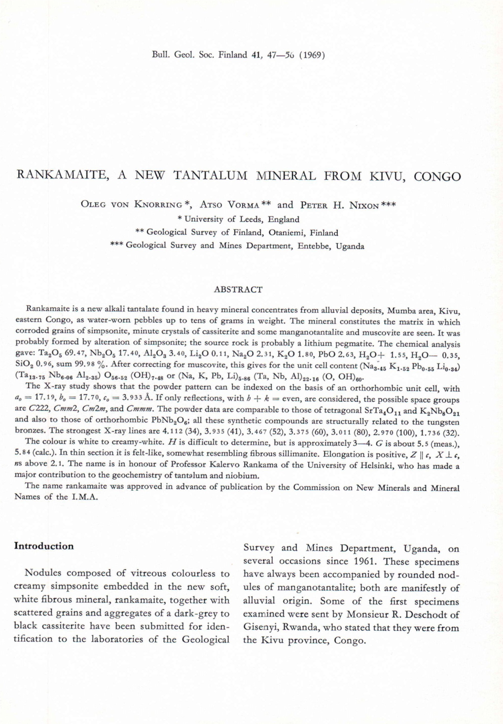 Rankamaite, a New Tantalum Mineral from Kivu, Congo