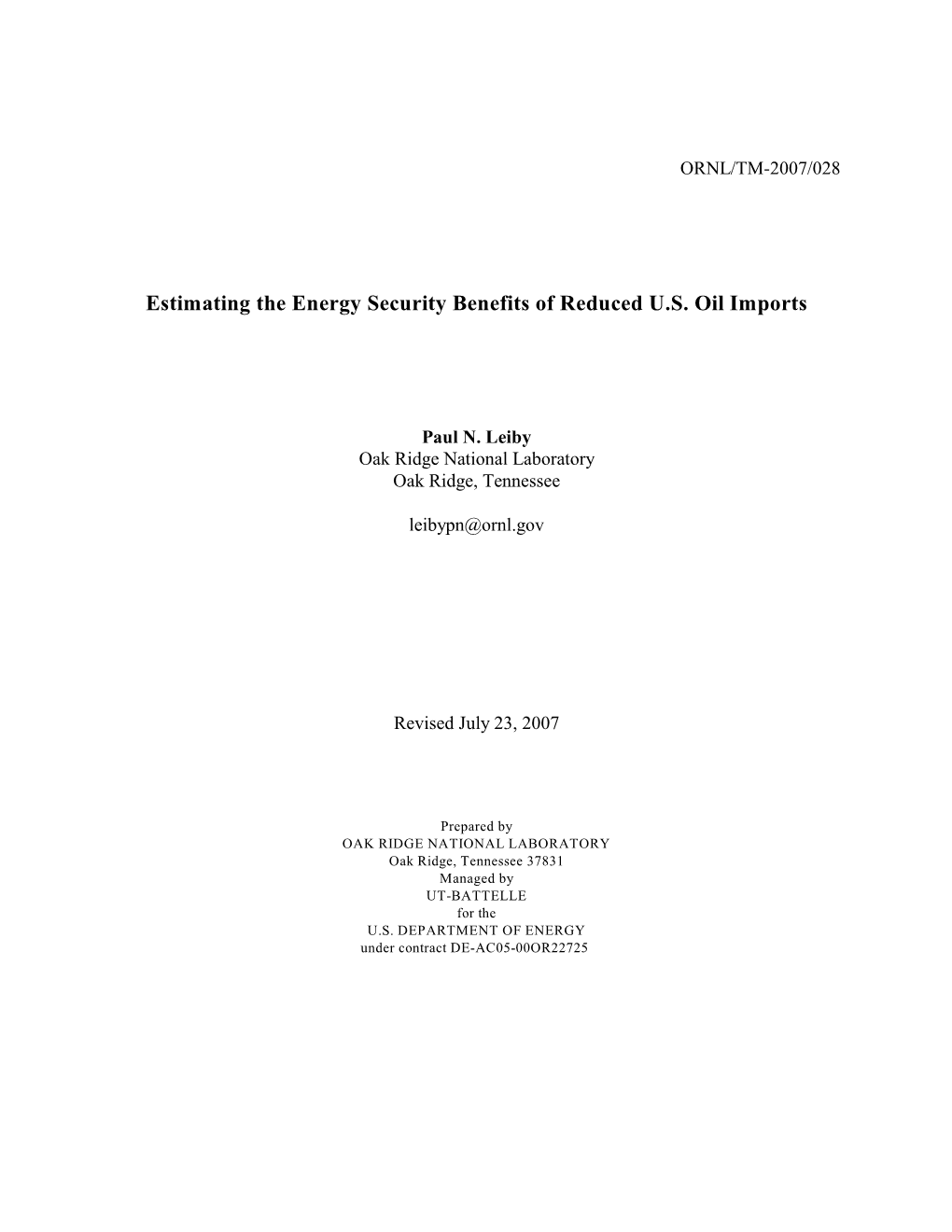 Estimating the Energy Security Benefits of Reduced U.S. Oil Imports