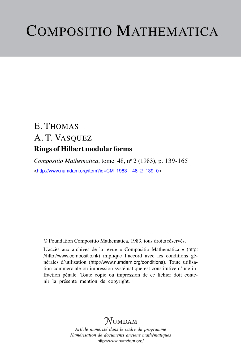 Rings of Hilbert Modular Forms Compositio Mathematica, Tome 48, No 2 (1983), P