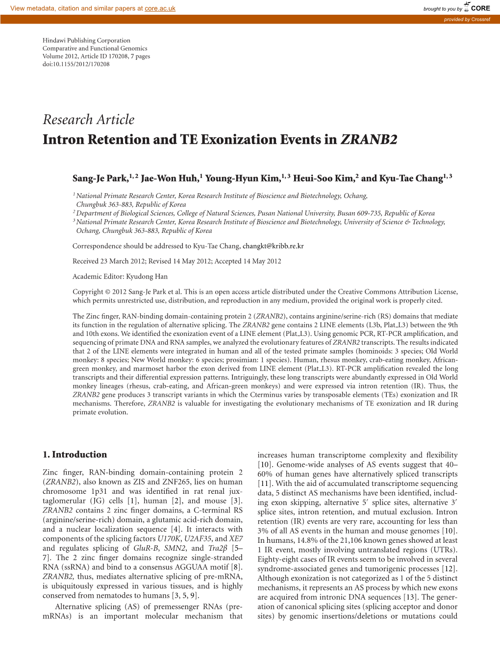 Research Article Intron Retention and TE Exonization Events in ZRANB2
