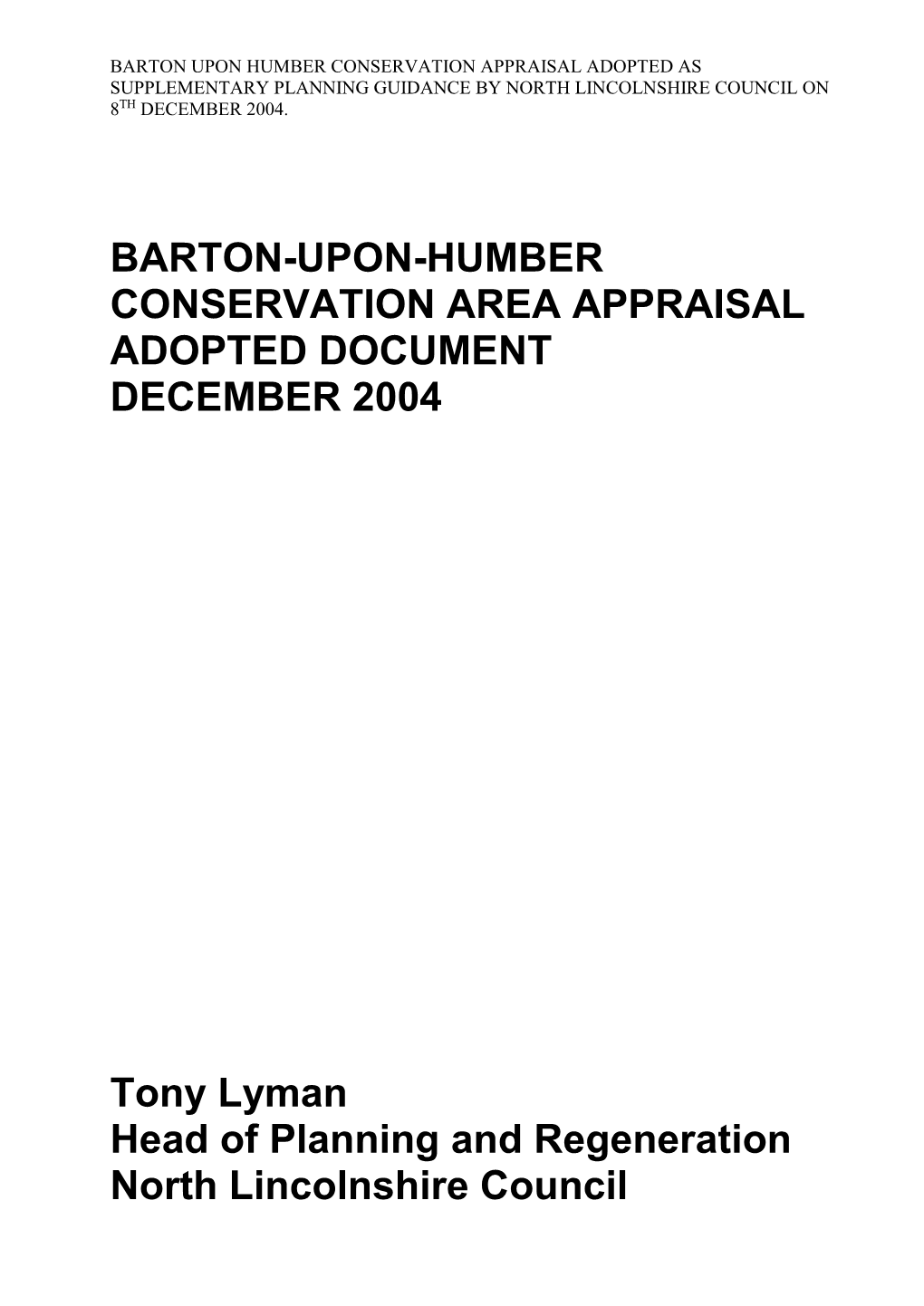 Barton-Upon-Humber Conservation Area Appraisal Adopted Document December 2004