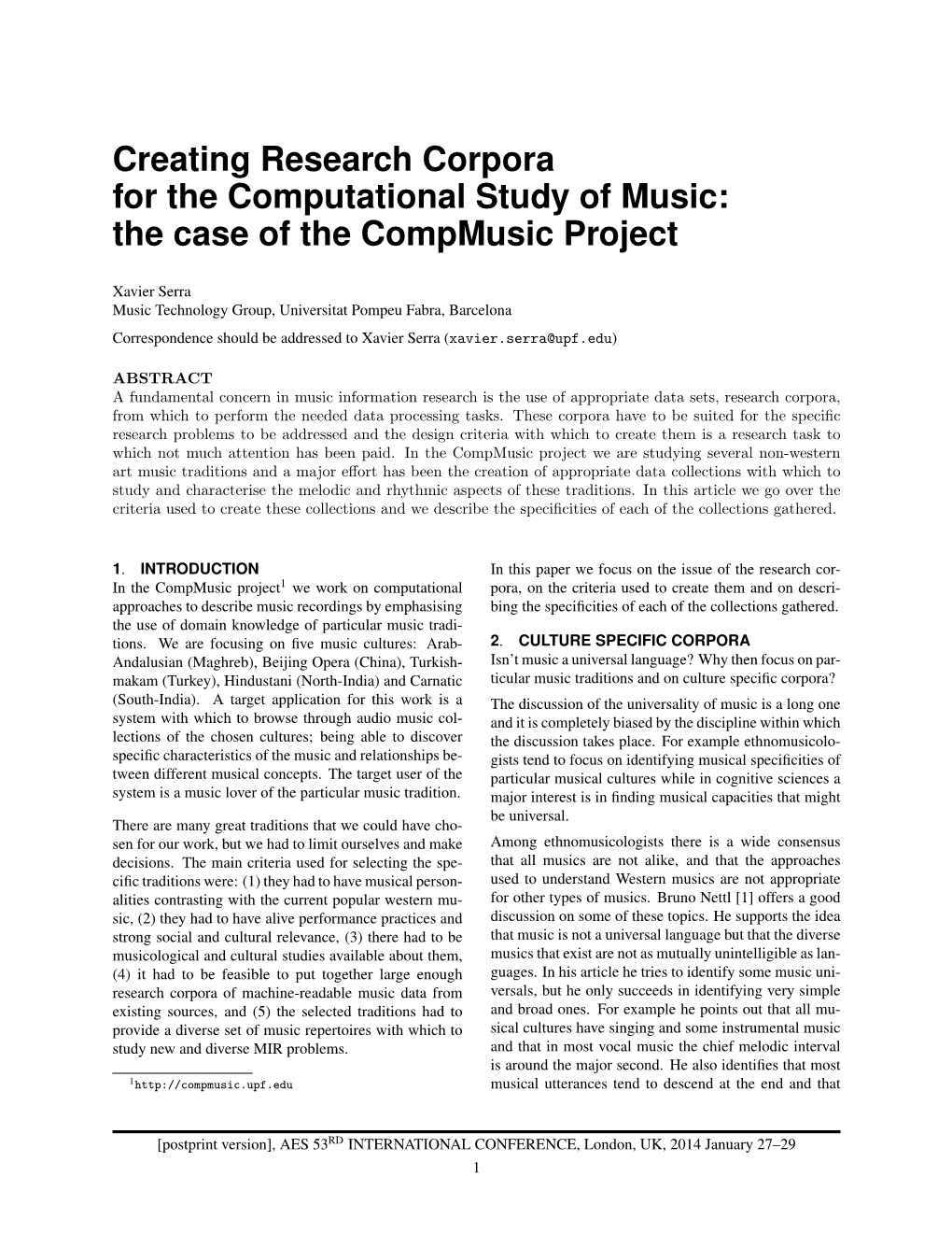 Creating Research Corpora for the Computational Study of Music: the Case of the Compmusic Project