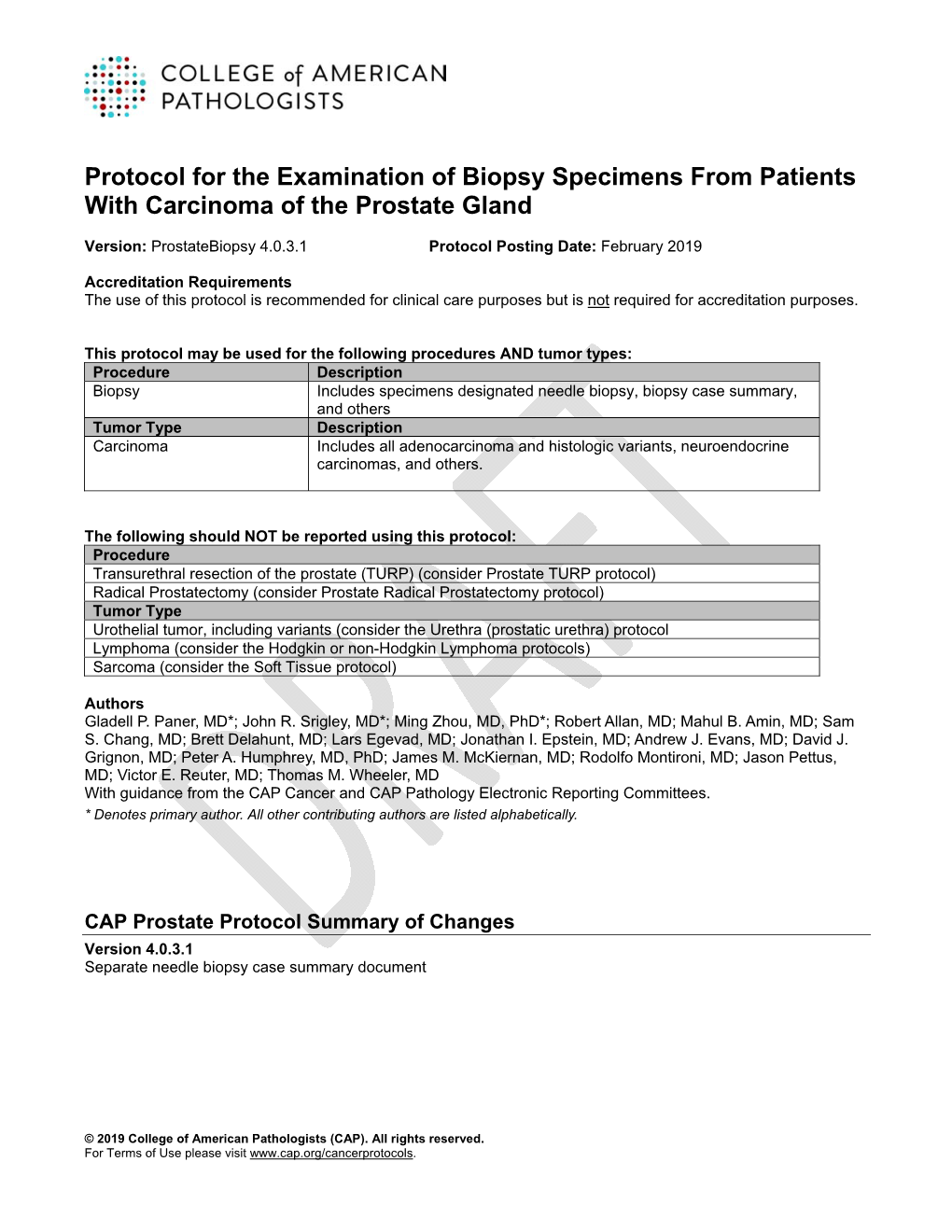 Protocol for the Examination of Biopsy Specimens from Patients with Carcinoma of the Prostate Gland