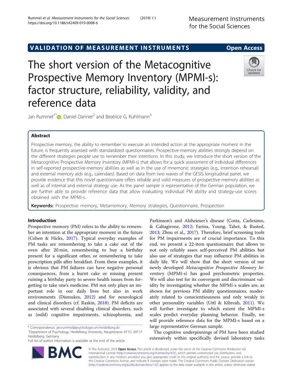 The Short Version of the Metacognitive Prospective Memory Inventory