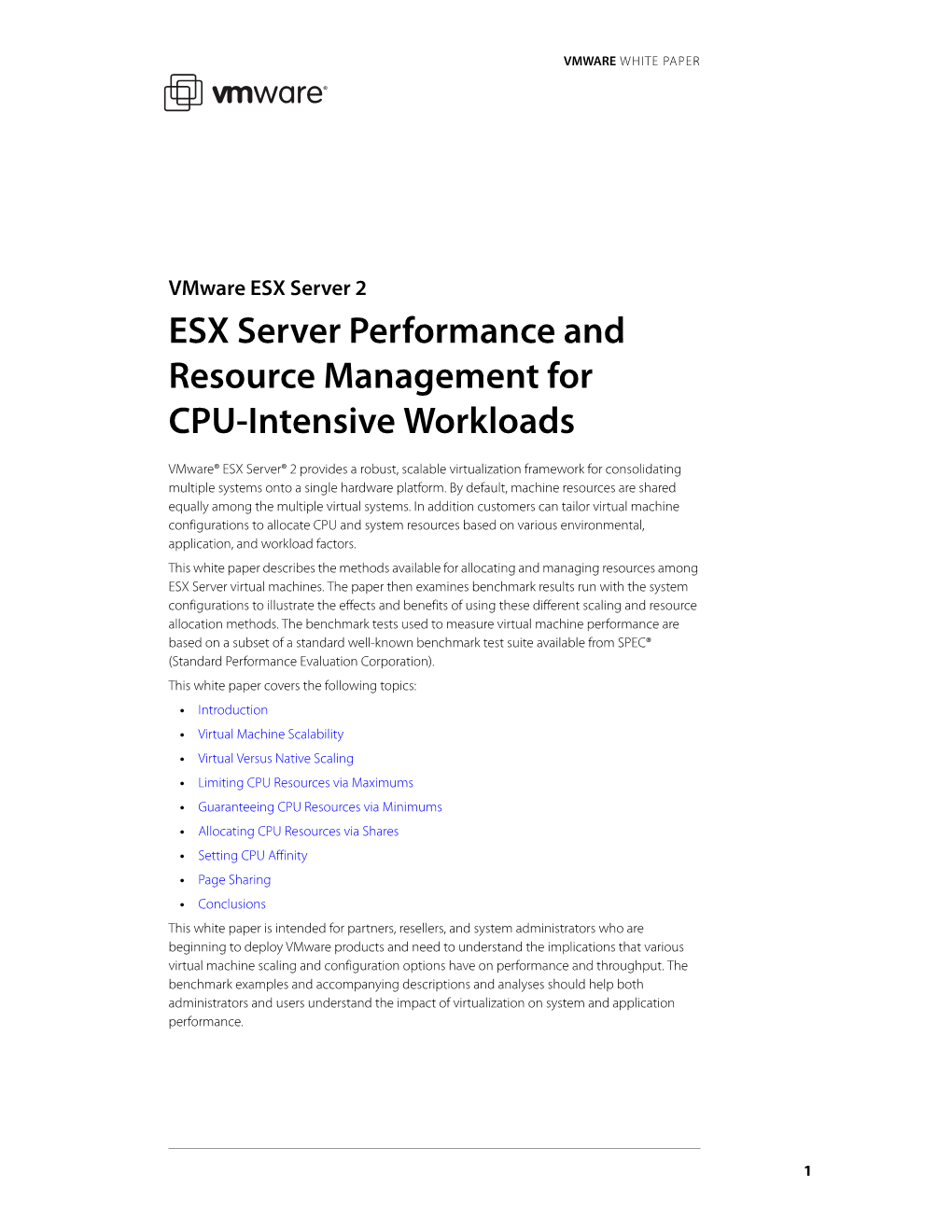 ESX Server Performance and Resource Management for CPU-Intensive Workloads