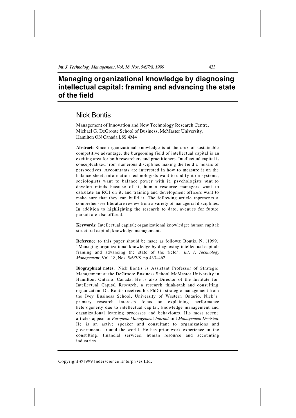 Managing Organizational Knowledge by Diagnosing Intellectual Capital: Framing and Advancing the State of the Field