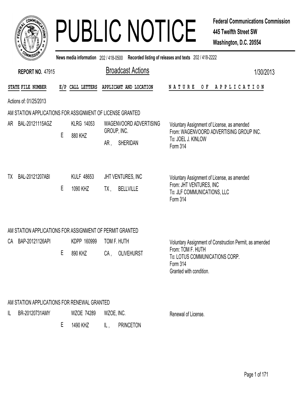 Broadcast Actions 1/30/2013