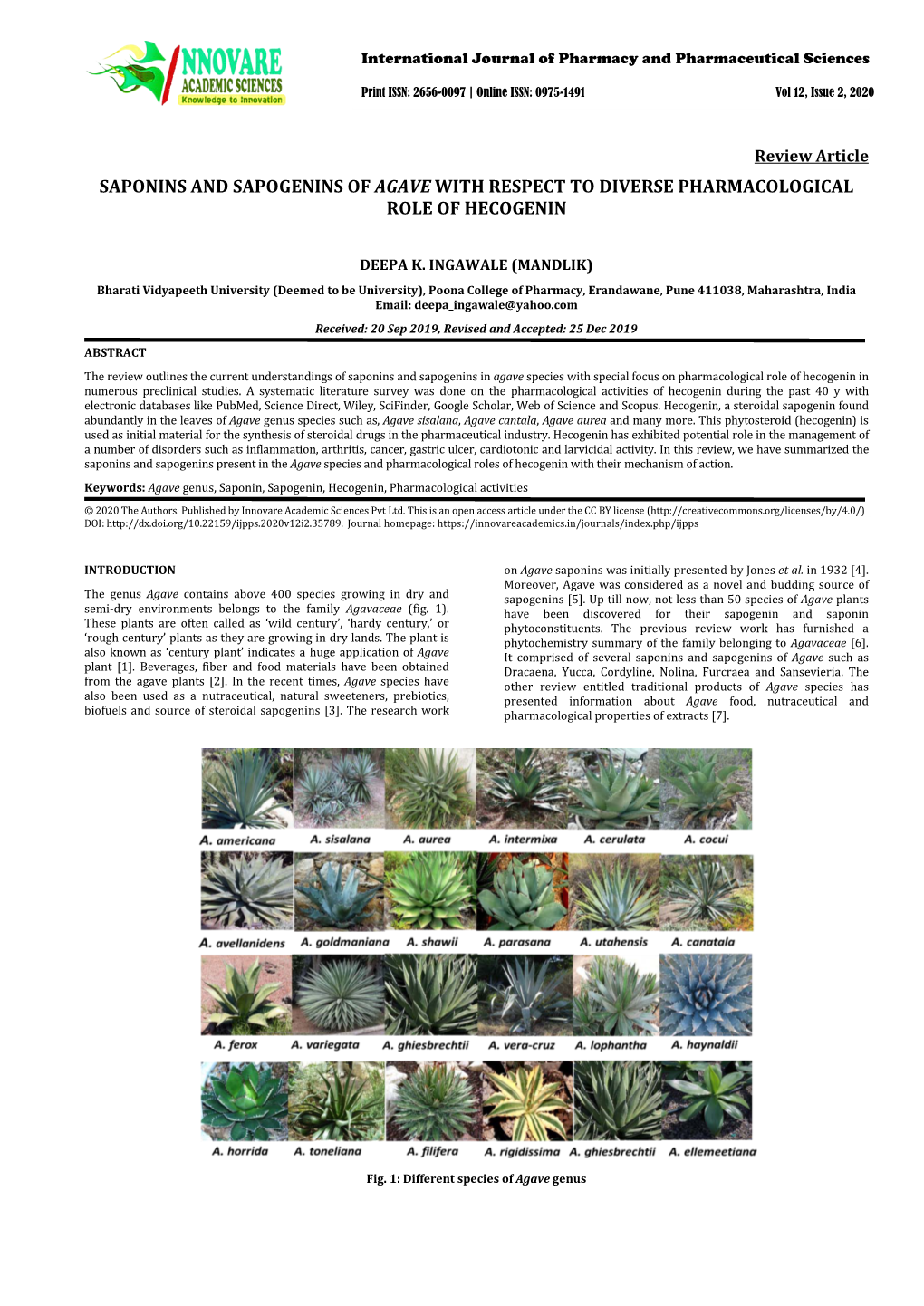 Saponins and Sapogenins of Agave with Respect to Diverse Pharmacological Role of Hecogenin