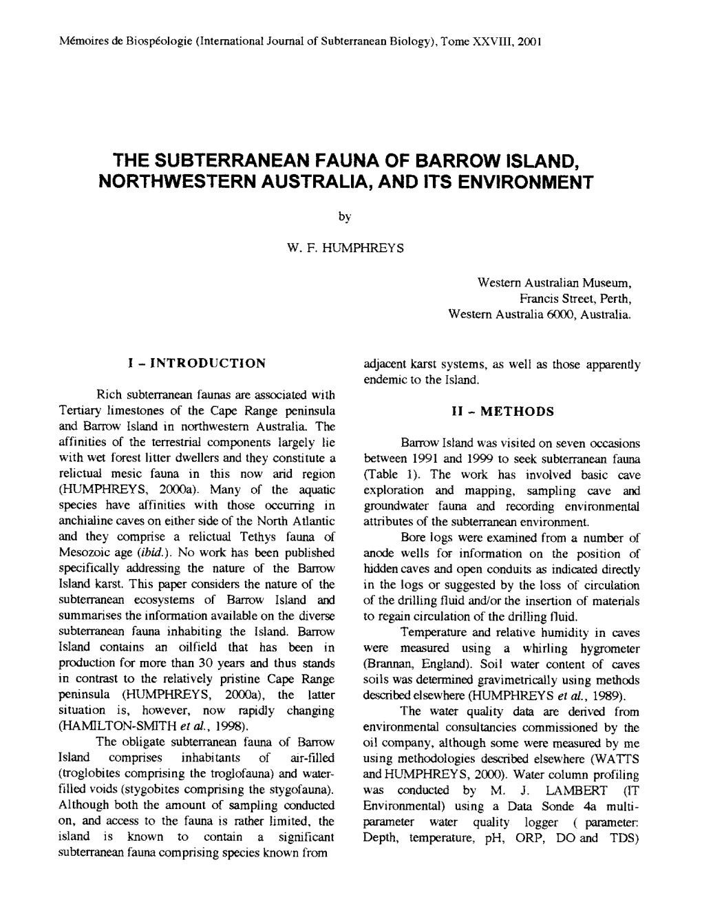 The Subterranean Fauna of Barrow Island. Northwestern Australia, and Its Environment