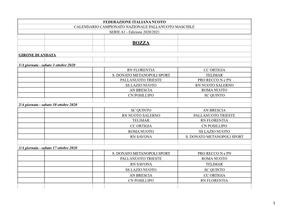 Calendario Serie A1 Maschile 2020-2021