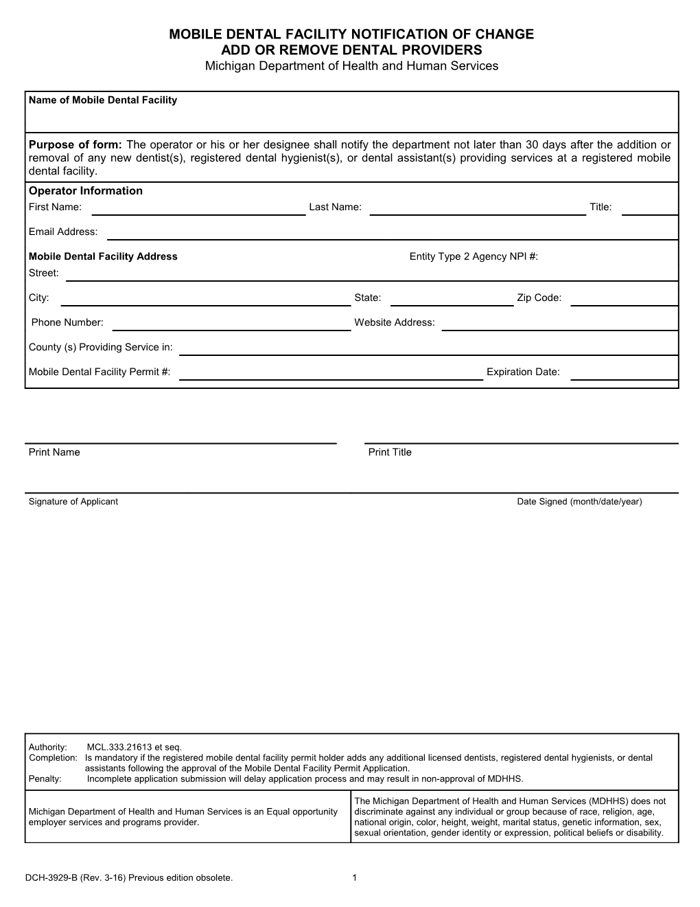 Mobile Dental Facility Notification of Change Form Add Or Remove Dental Providers