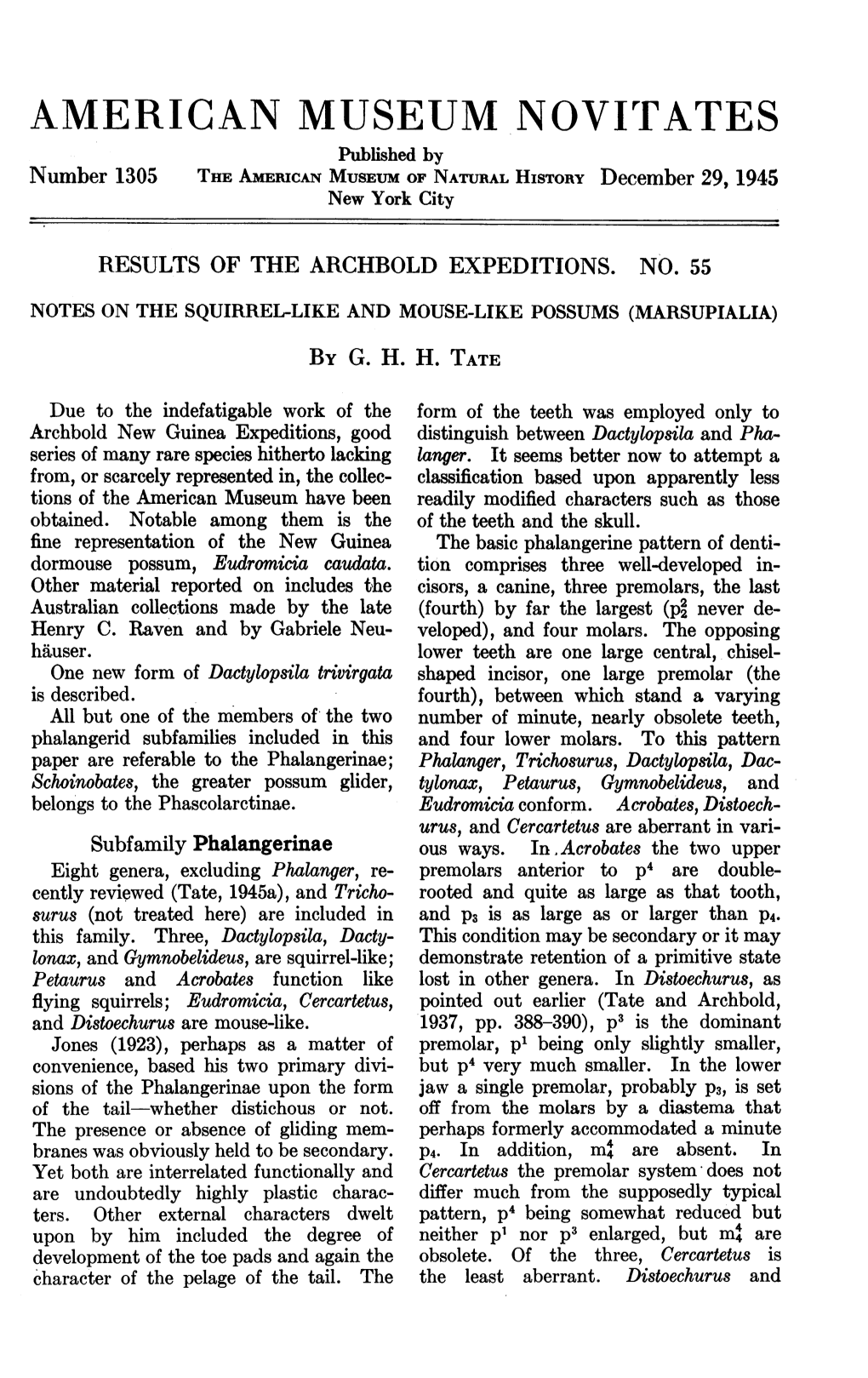 AMERICAN MUSEUM NOVITATES Published by Number 1305 the Amewican MUSEUM of NATURAL HISTORY December 29, 1945 New York City