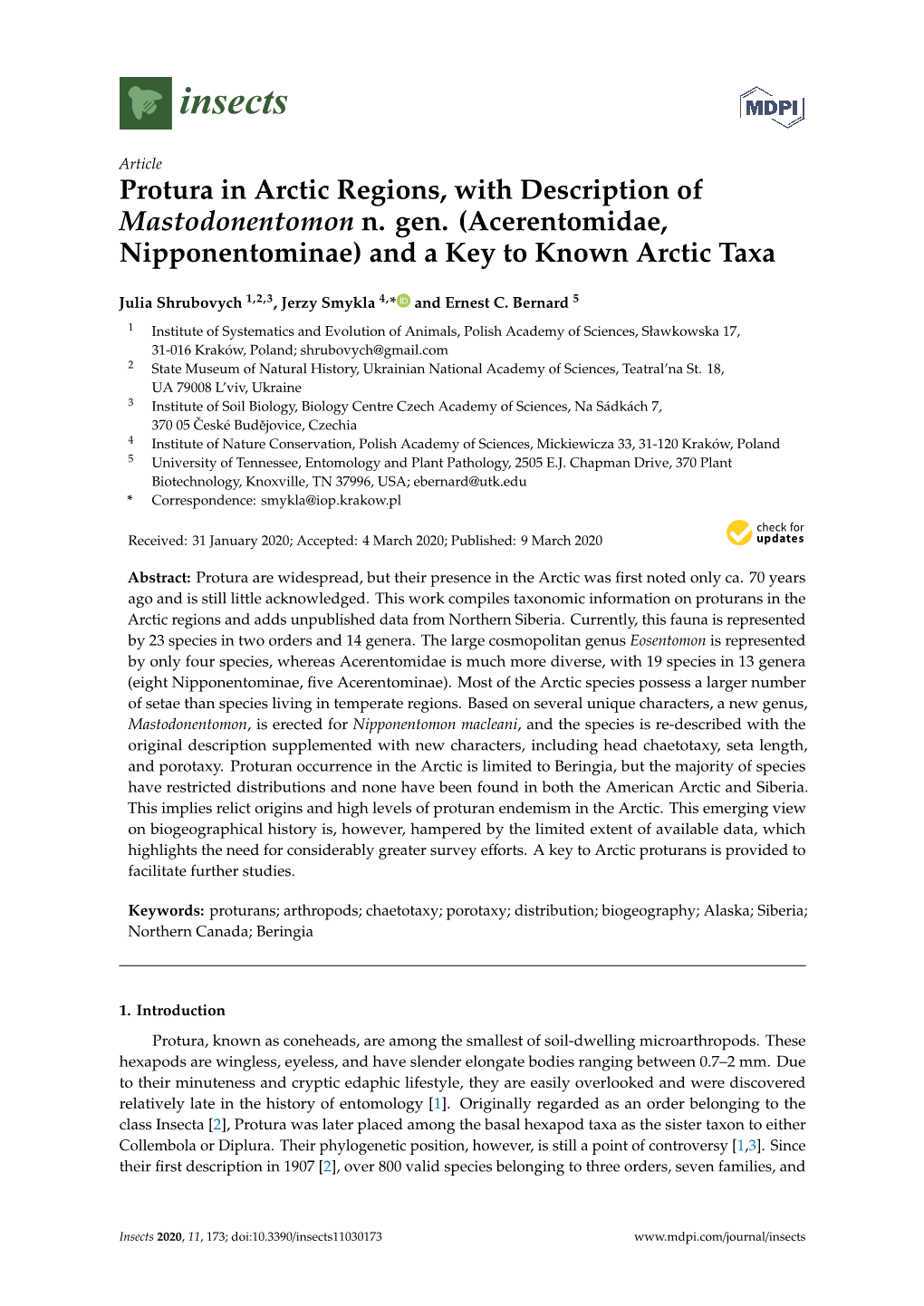 Protura in Arctic Regions, with Description of Mastodonentomon N. Gen. (Acerentomidae, Nipponentominae) and a Key to Known Arctic Taxa