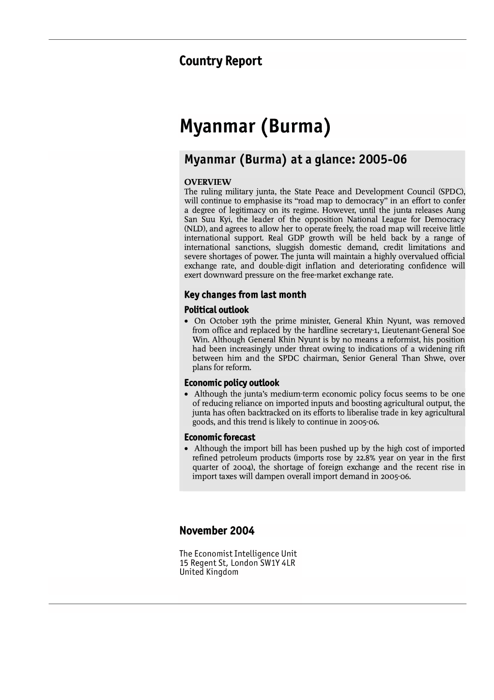 Myanmar (Burma) at a Glance: 2005-06